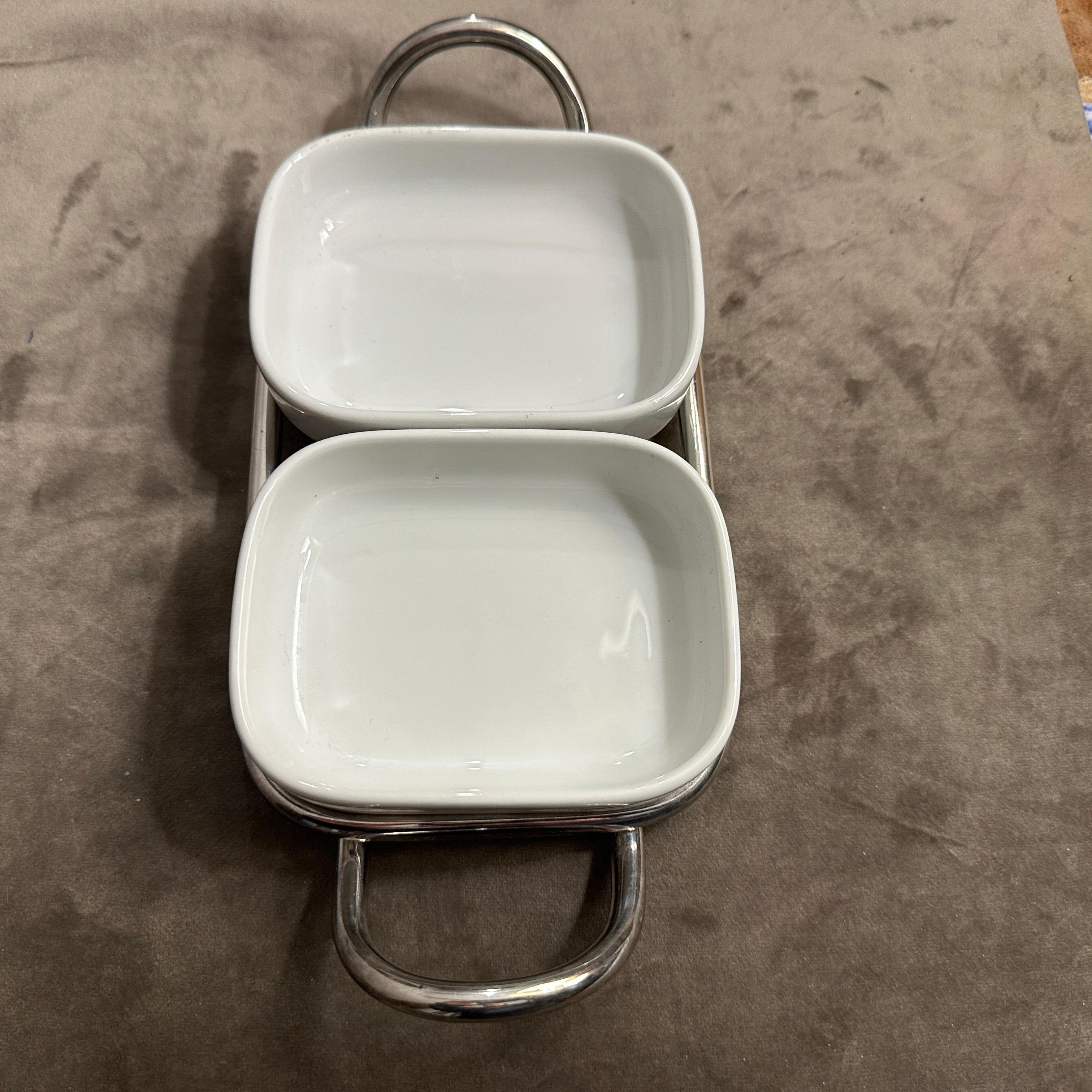 Bandeja pequeña para aperitivos de cerámica y baño de plata Lino Sabattini, minimalista, de los años 80 Chapado en plata en venta