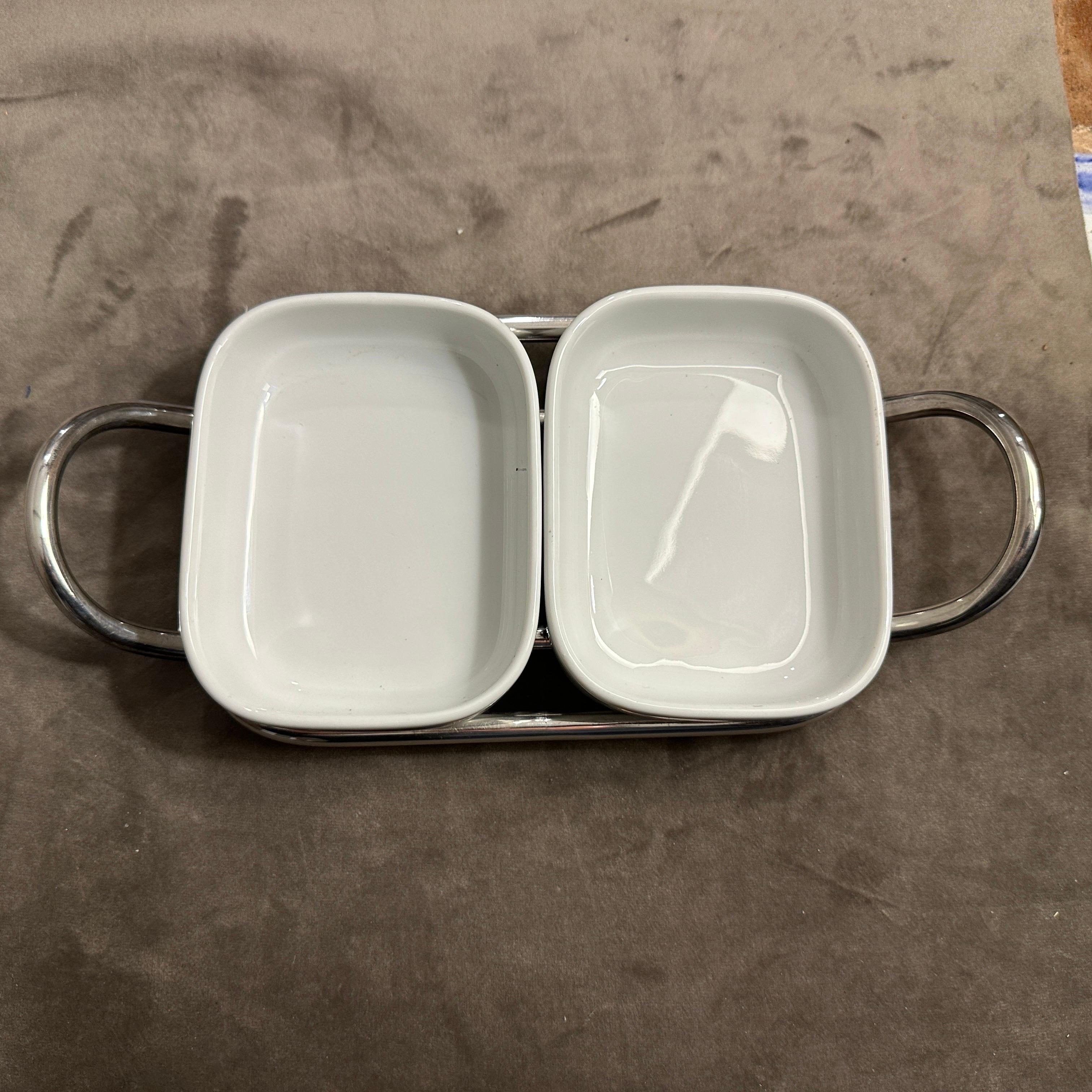 Bandeja pequeña para aperitivos de cerámica y baño de plata Lino Sabattini, minimalista, de los años 80 en venta 1