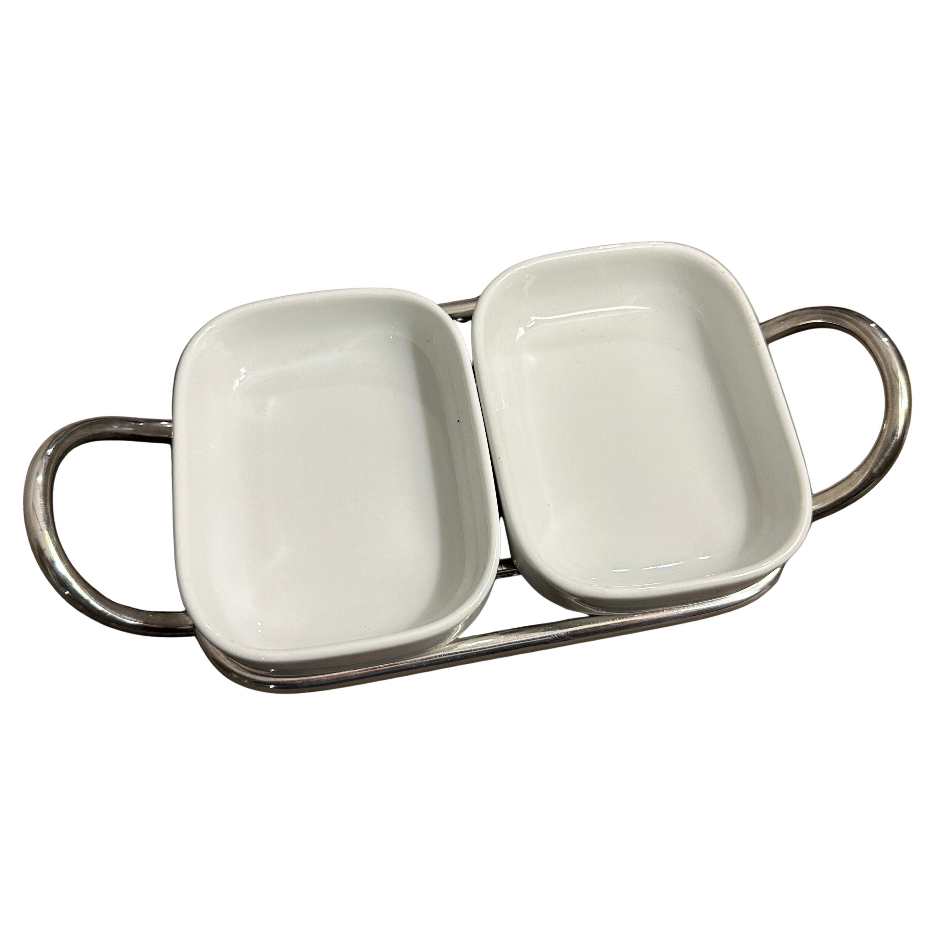 Bandeja pequeña para aperitivos de cerámica y baño de plata Lino Sabattini, minimalista, de los años 80 en venta