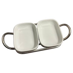 1980s Minimalist Lino Sabattini Silver Plated and Ceramic Small Appetizer Tray