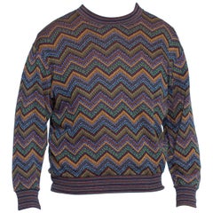 Vintage 1980'S MISSONI Blue & Green Cotton Mens Zig-Zag Knit Jewel Tone Italian Sweater