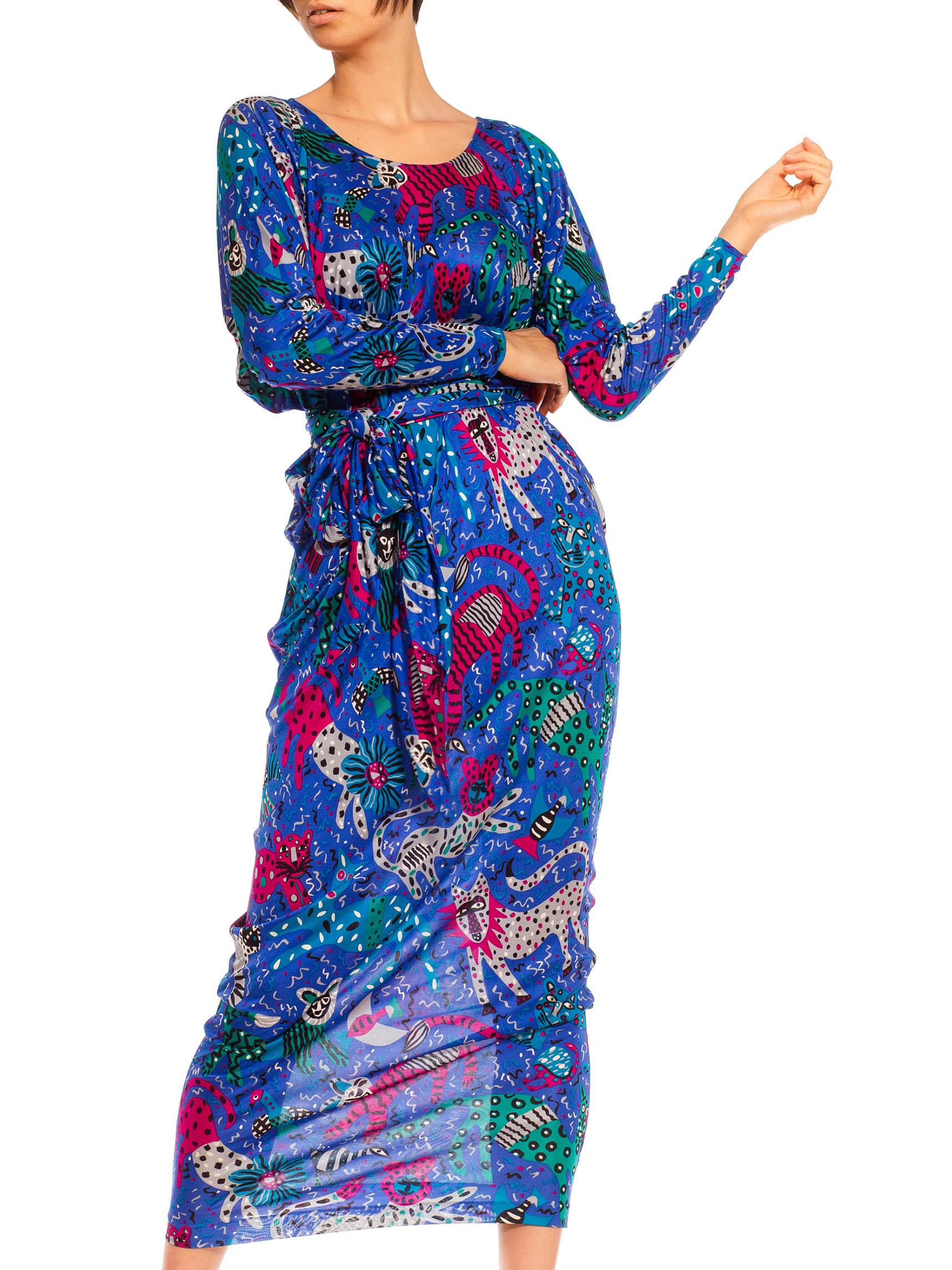 1980S Missoni Blue & Pink Silk Jersey Cat Print Oversized Kaftan With Sash Belt For Sale 7