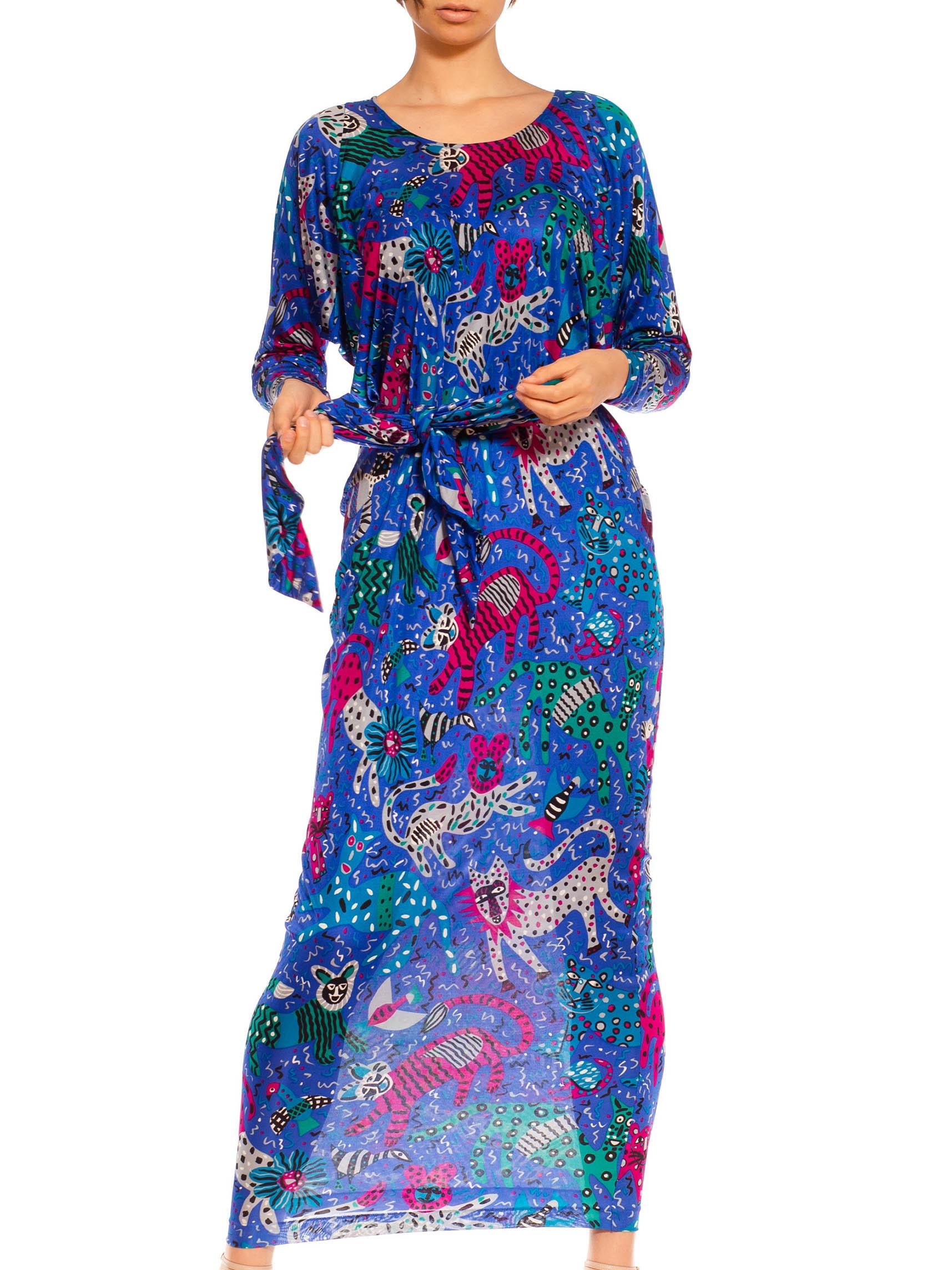 1980S Missoni Blue & Pink Silk Jersey Cat Print Oversized Kaftan With Sash Belt For Sale 1