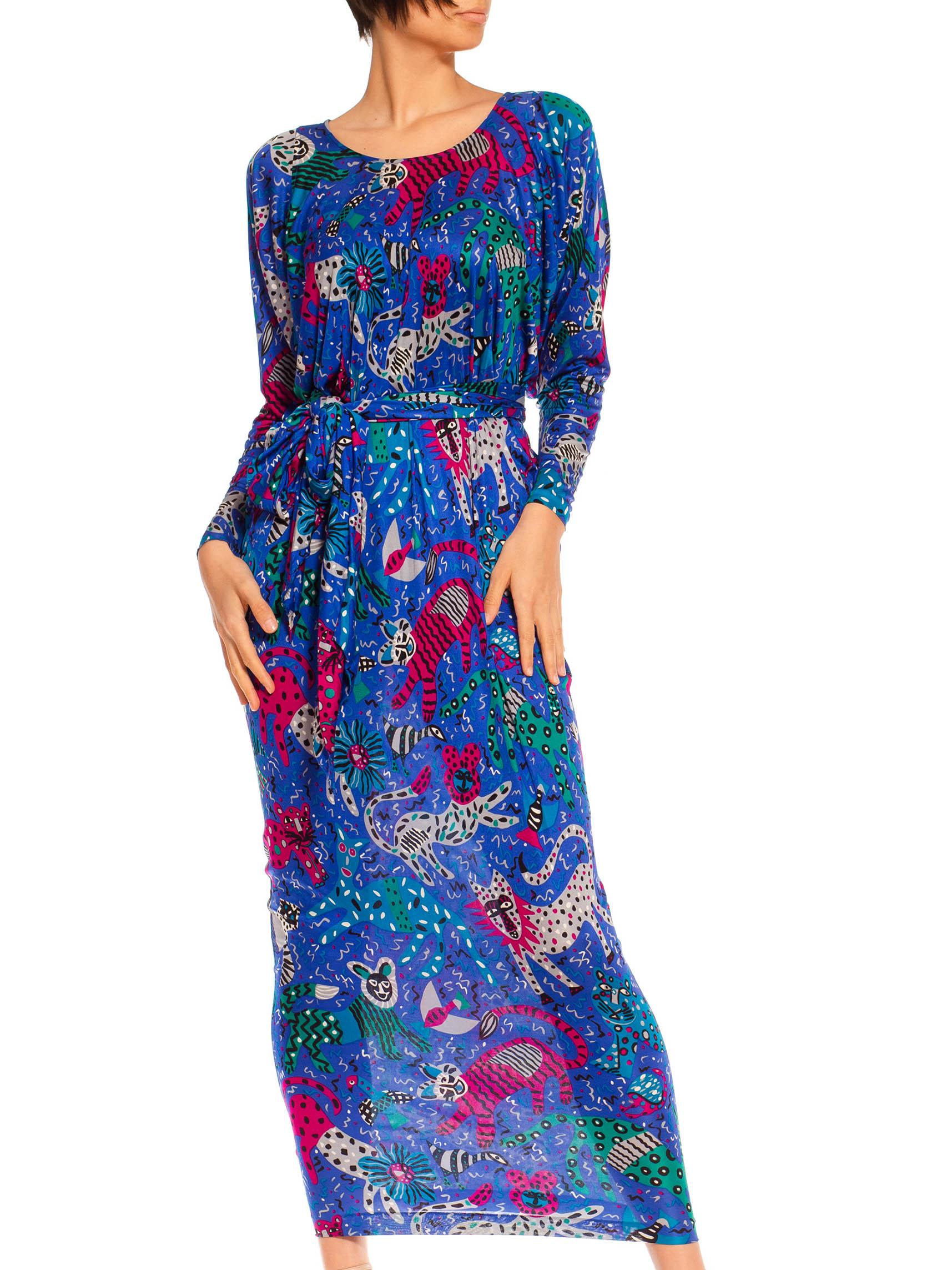 1980S Missoni Blue & Pink Silk Jersey Cat Print Oversized Kaftan With Sash Belt For Sale 2