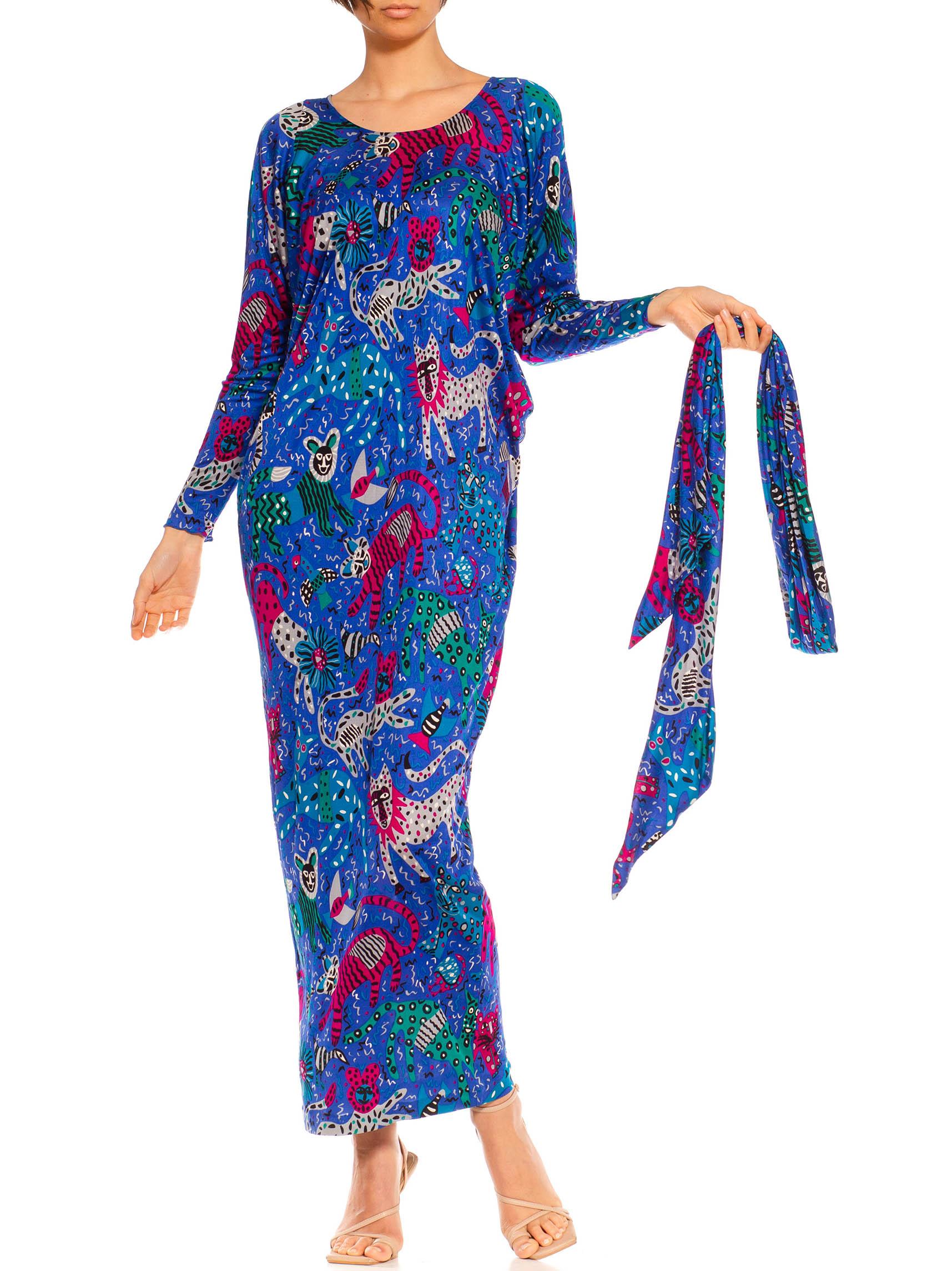 1980S Missoni Blue & Pink Silk Jersey Cat Print Oversized Kaftan With Sash Belt 3