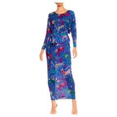 1980S Missoni Blue & Pink Silk Jersey Cat Print Oversized Kaftan With Sash Belt