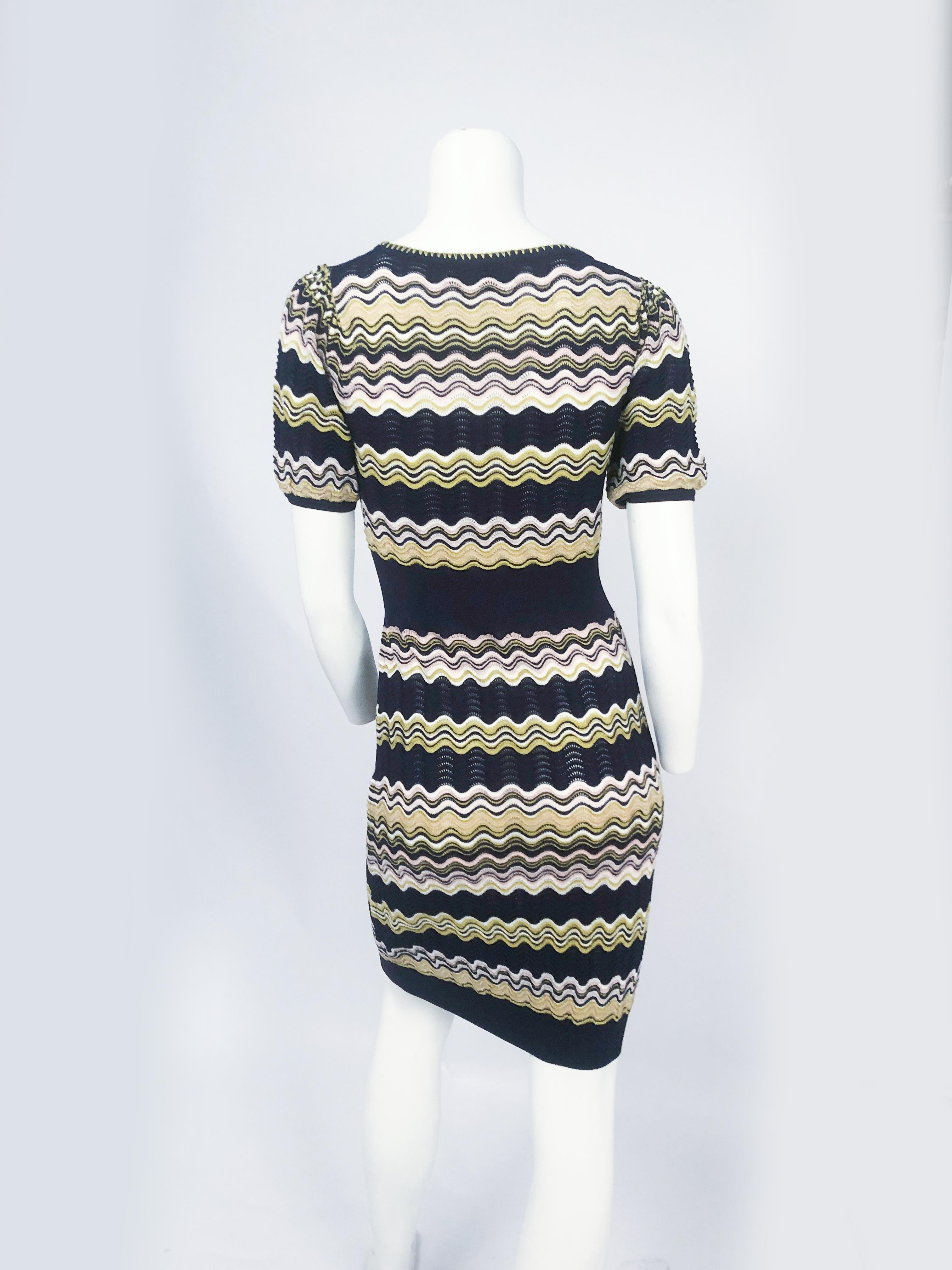 1980s Missoni knit dress with wave texture in navy, chartreuse, and pail rose. Scoop neckline. 