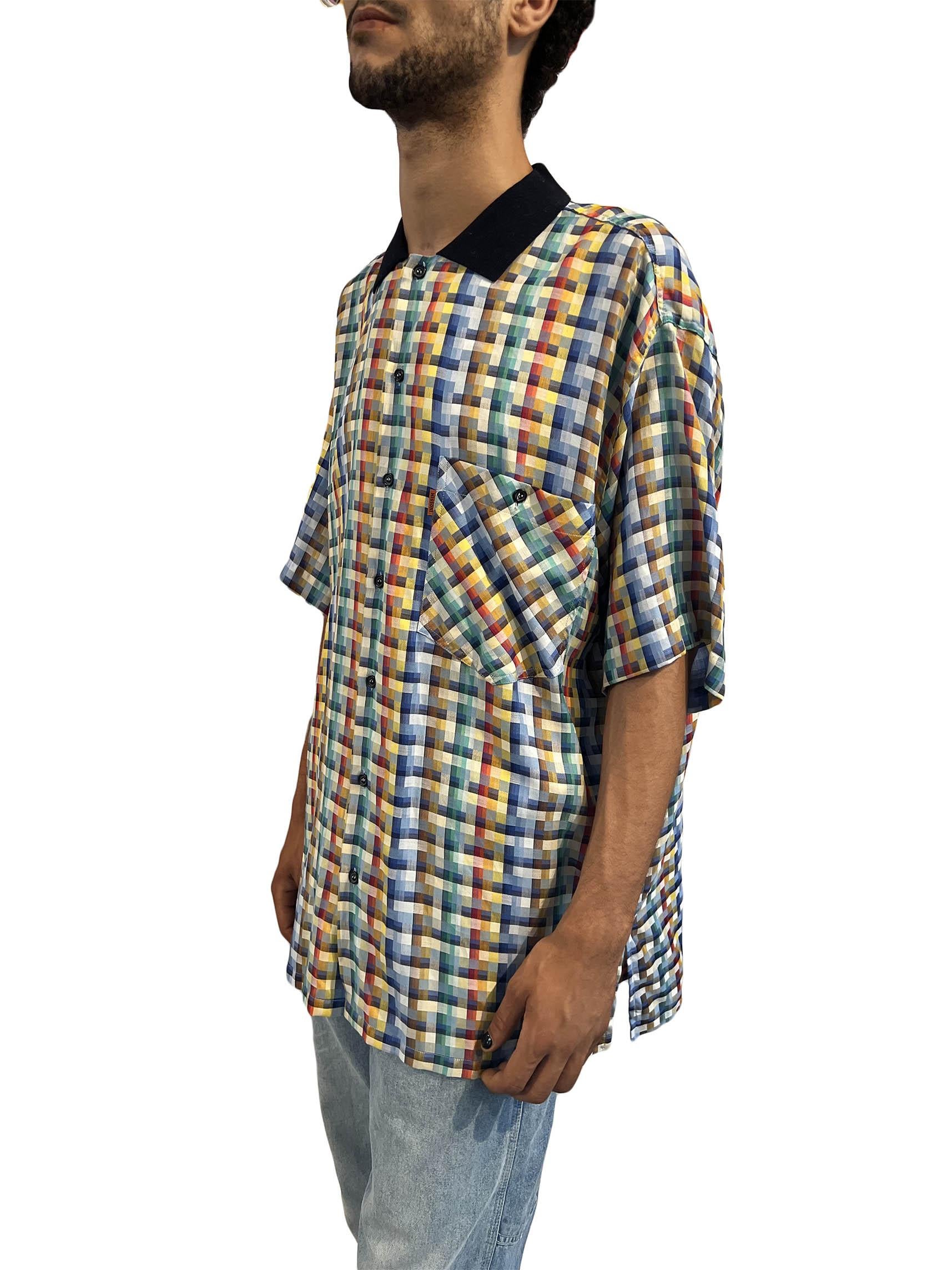 1980S Missoni Multicolor Plaid Cotton Men's Short Sleeved Shirt In Excellent Condition In New York, NY