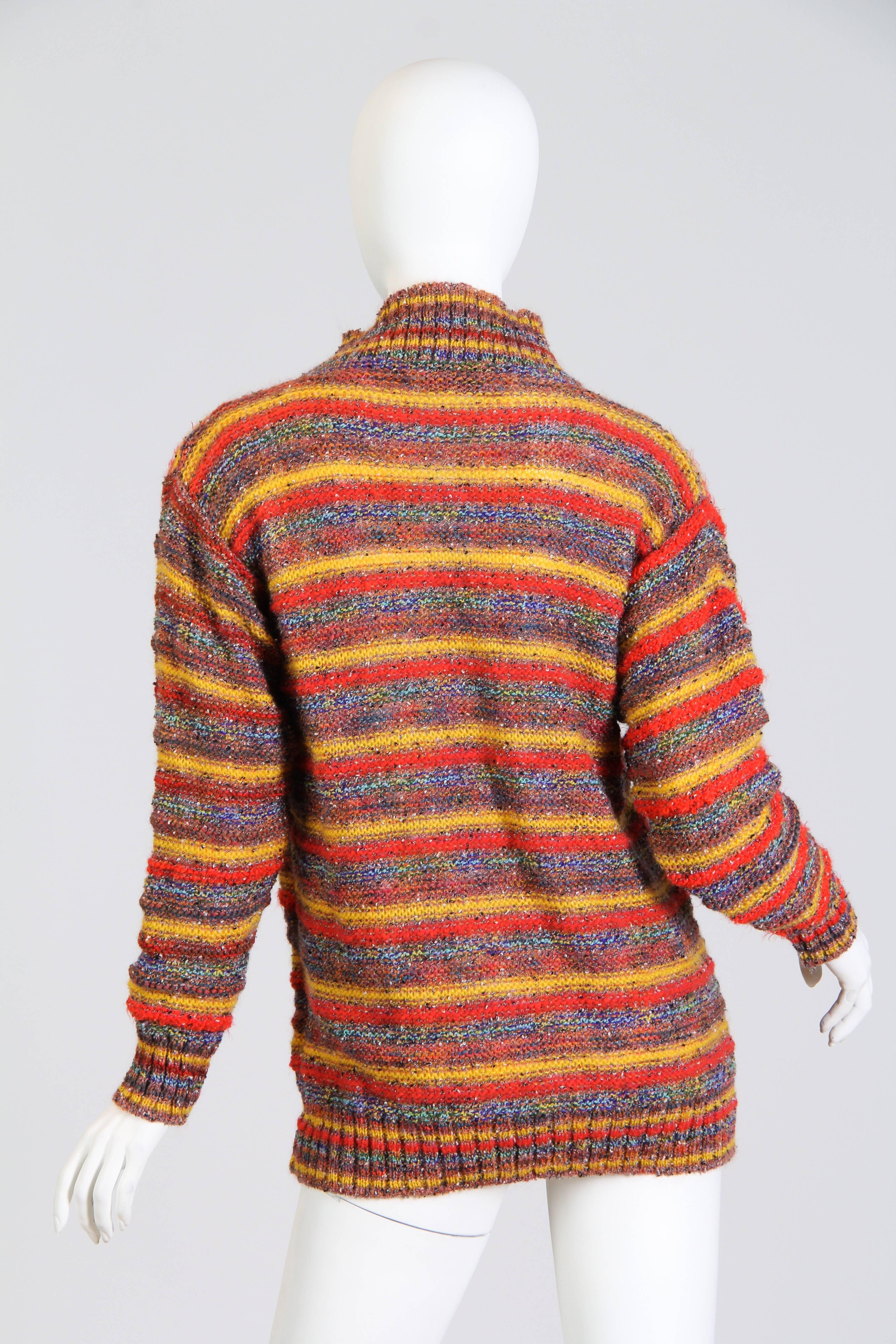 1980S MISSONI Orange Multi Striped Wool Knit Sweater With Hand Made Parrot Appl In Excellent Condition In New York, NY