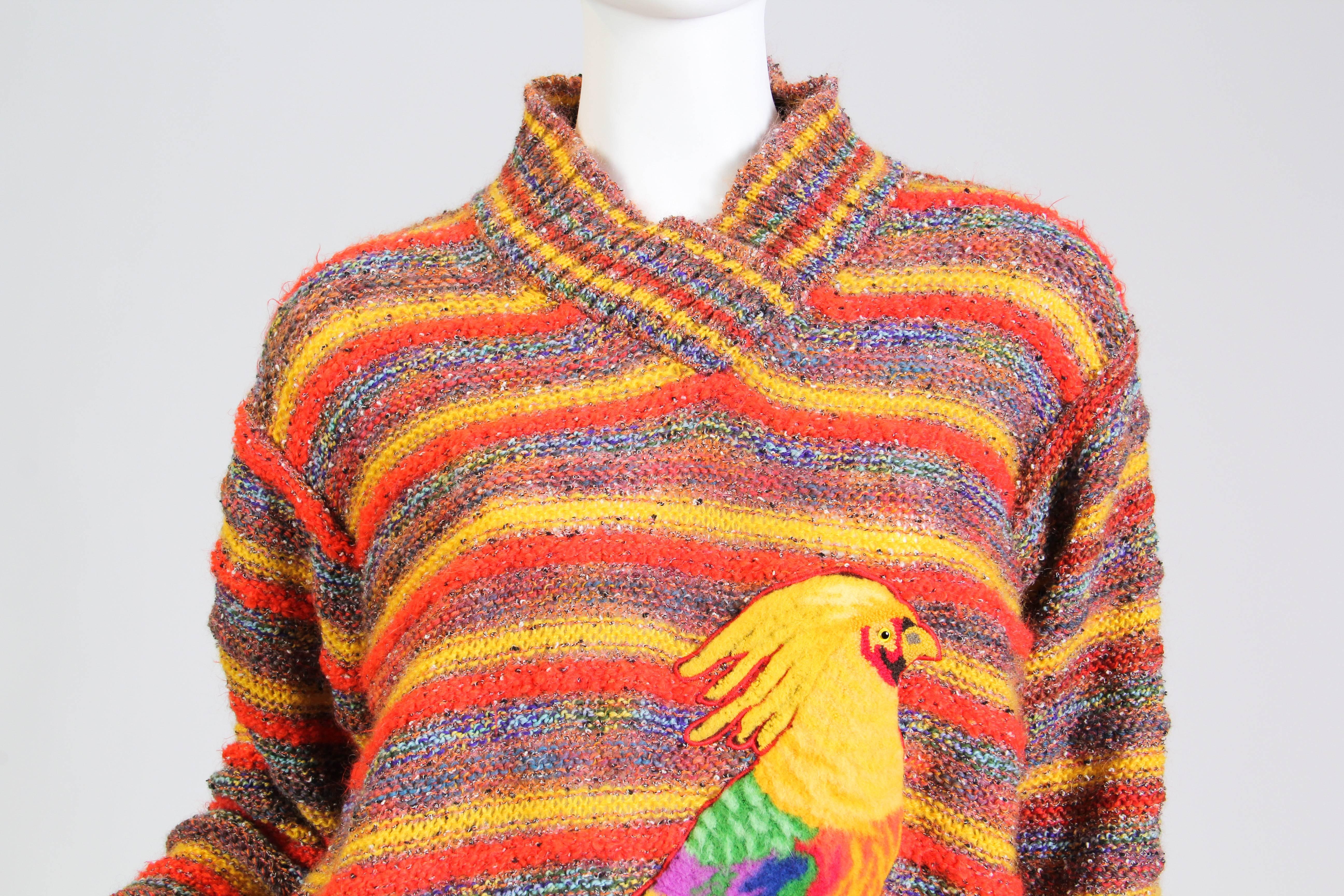 1980S MISSONI Orange Multi Striped Wool Knit Sweater With Hand Made Parrot Appl 1