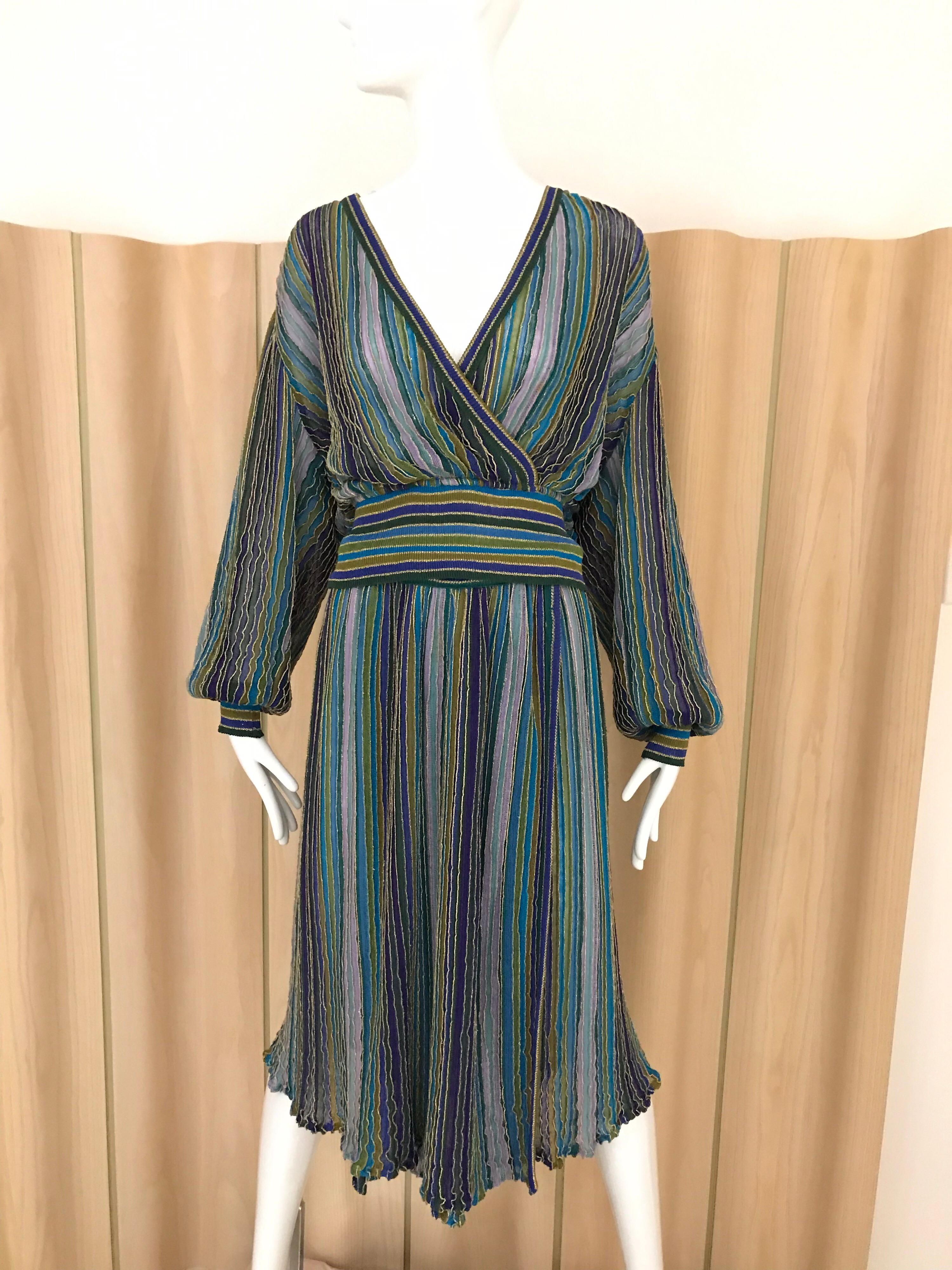  1980s Missoni Teal blue and Purple Metallic Knit Long Sleeve Top and Skirt set In Good Condition In Beverly Hills, CA
