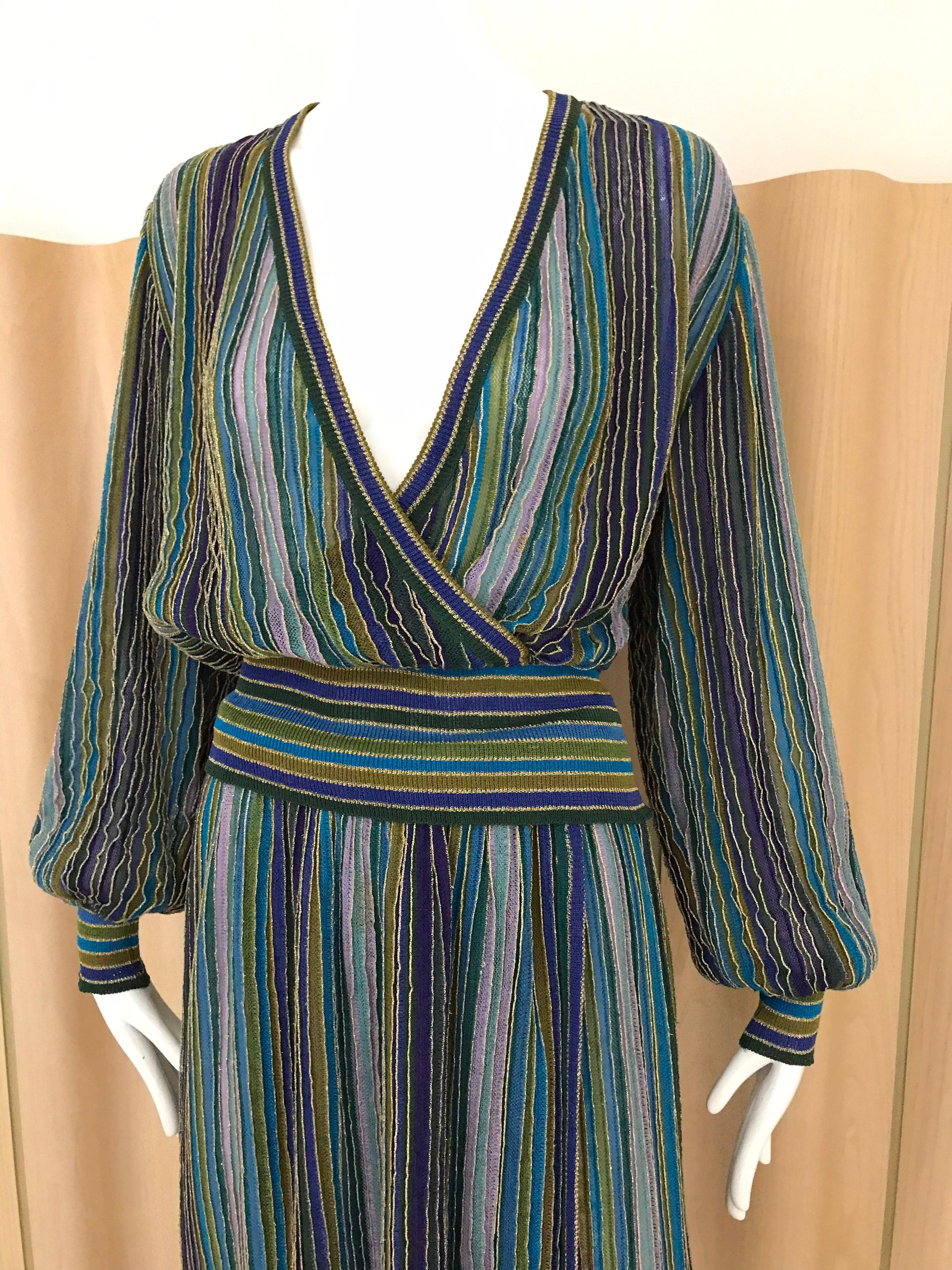 Women's  1980s Missoni Teal blue and Purple Metallic Knit Long Sleeve Top and Skirt set