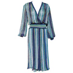 Vintage  1980s Missoni Teal blue and Purple Metallic Knit Long Sleeve Top and Skirt set
