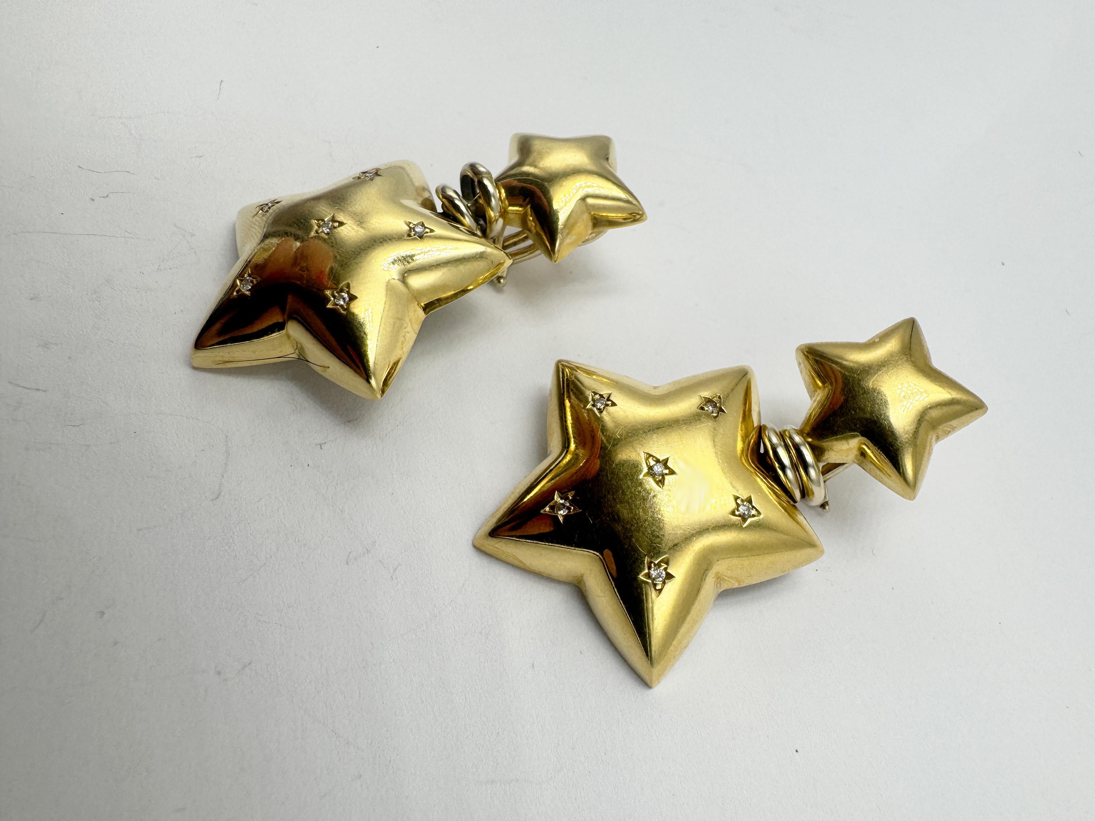 1980s Modern 18K Yellow Gold Diamonds Clip-on Stars Unsigned Italian Earrings For Sale 5