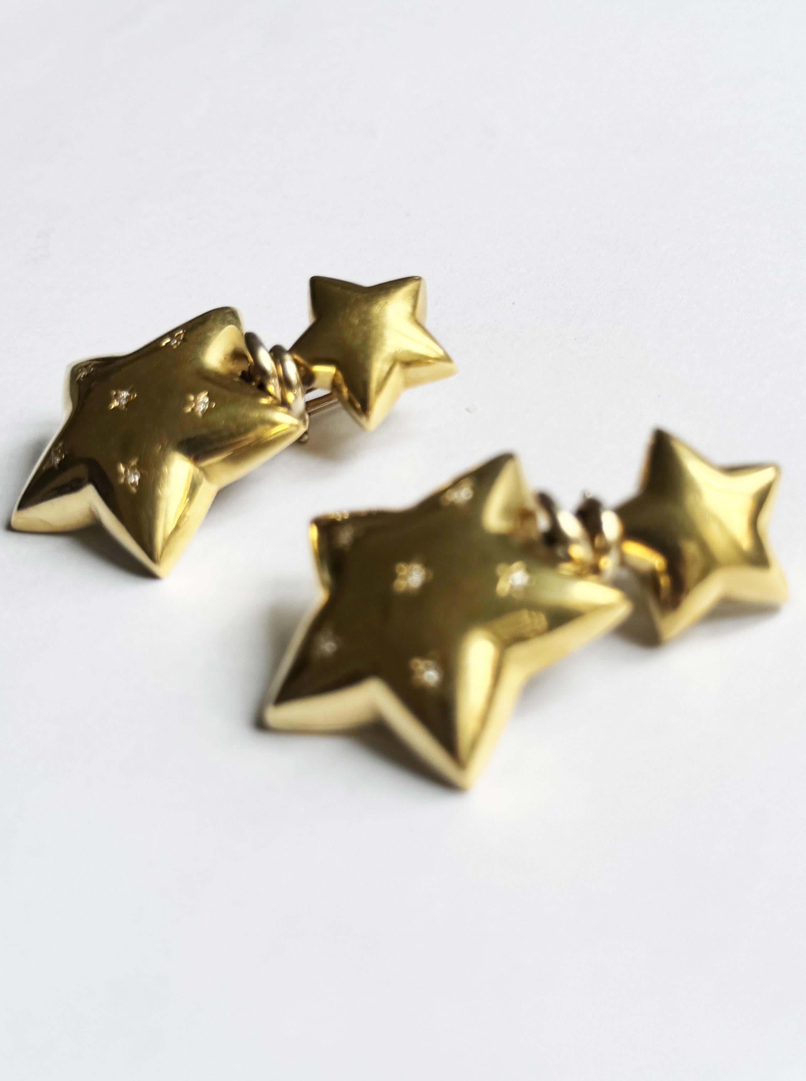 1980s Modern 18K Yellow Gold Diamonds Clip-on Stars Unsigned Italian Earrings For Sale 7