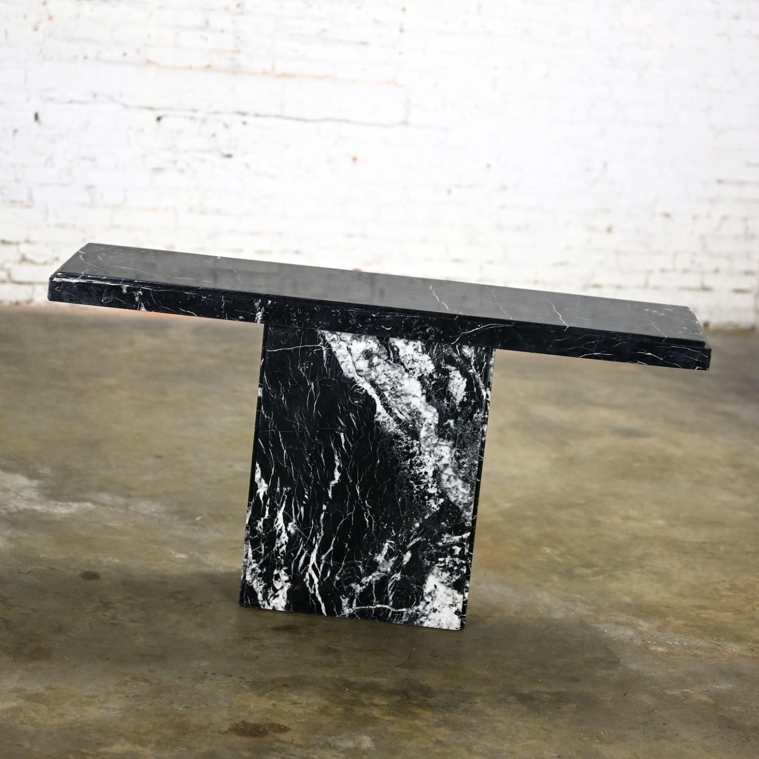 North American 1980’s Modern Black Marble Pedestal Base Sofa or Console Table Style of Ello For Sale