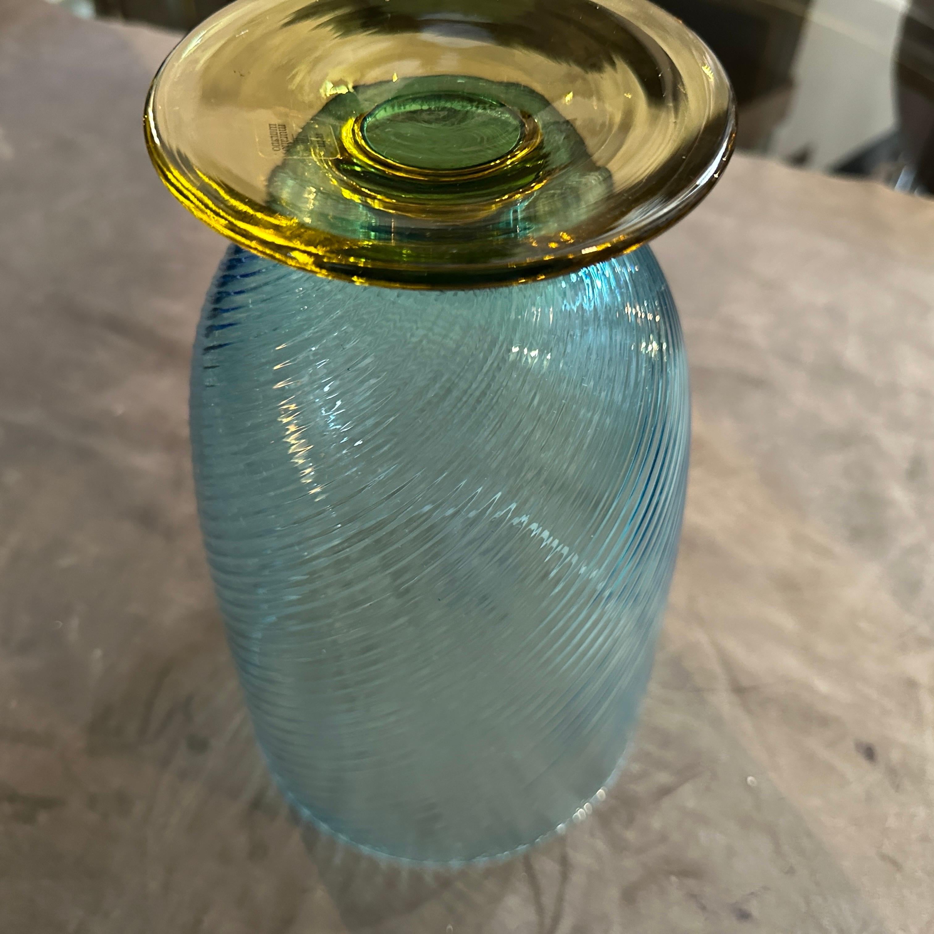 Italian 1980s Modern Blue and Yellow Murano Glass Vase by Carlo Moretti For Sale