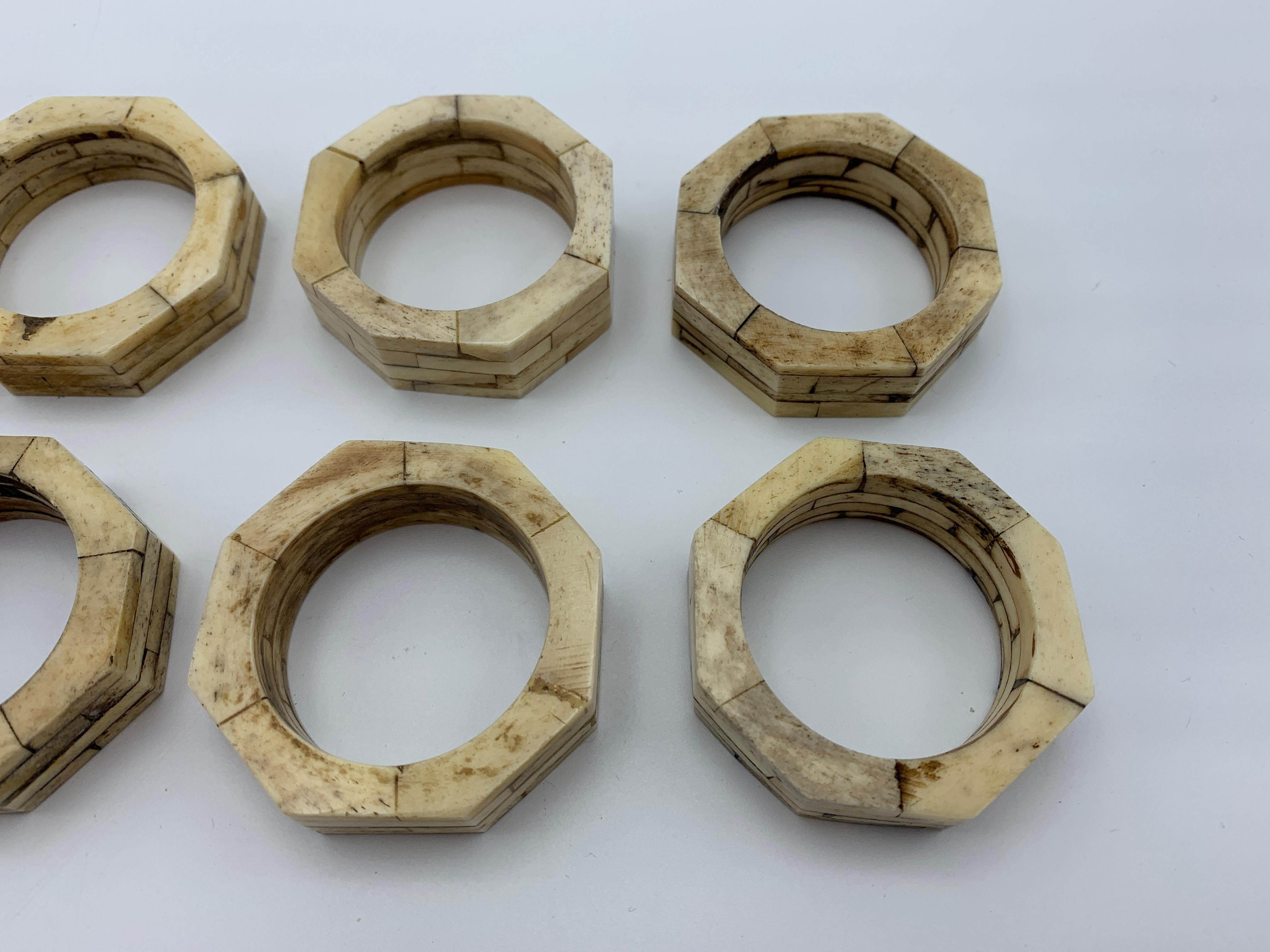 Hand-Carved 1980s Modern Bone Octagon Napkin Rings, Set of 8 For Sale