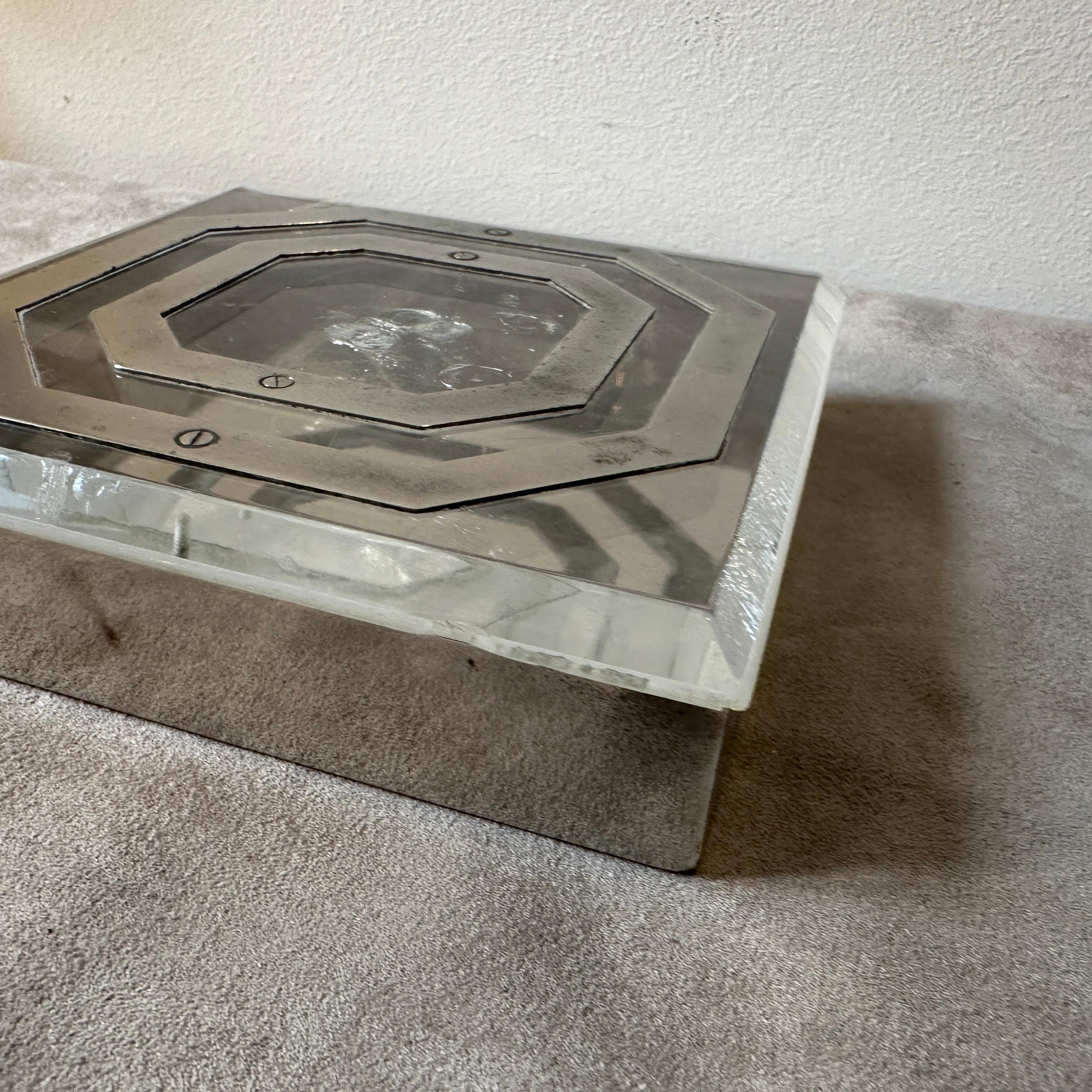 Hand-Crafted 1980s Modern Clear Plexiglass and Silver Plate Italian Design Square Box For Sale