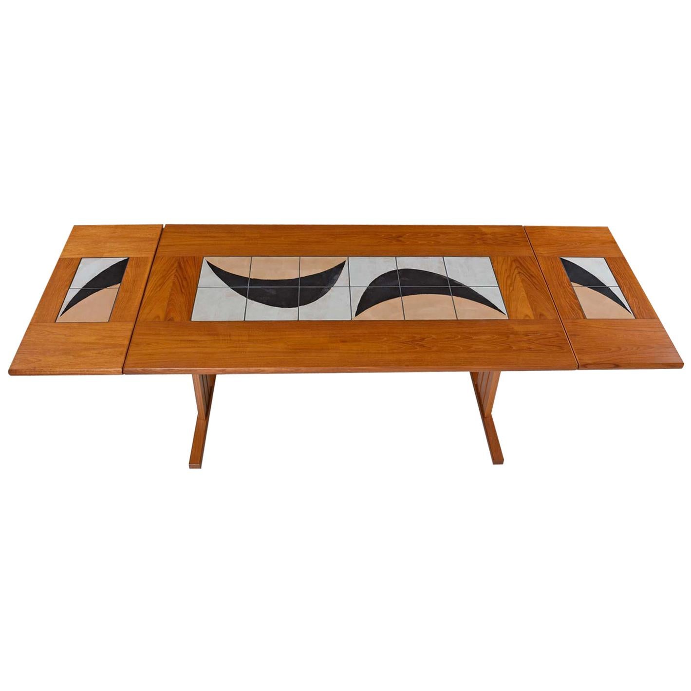 1980s Modern Danish Teak Decorative Stone Top Dining Table Signed by the Artist