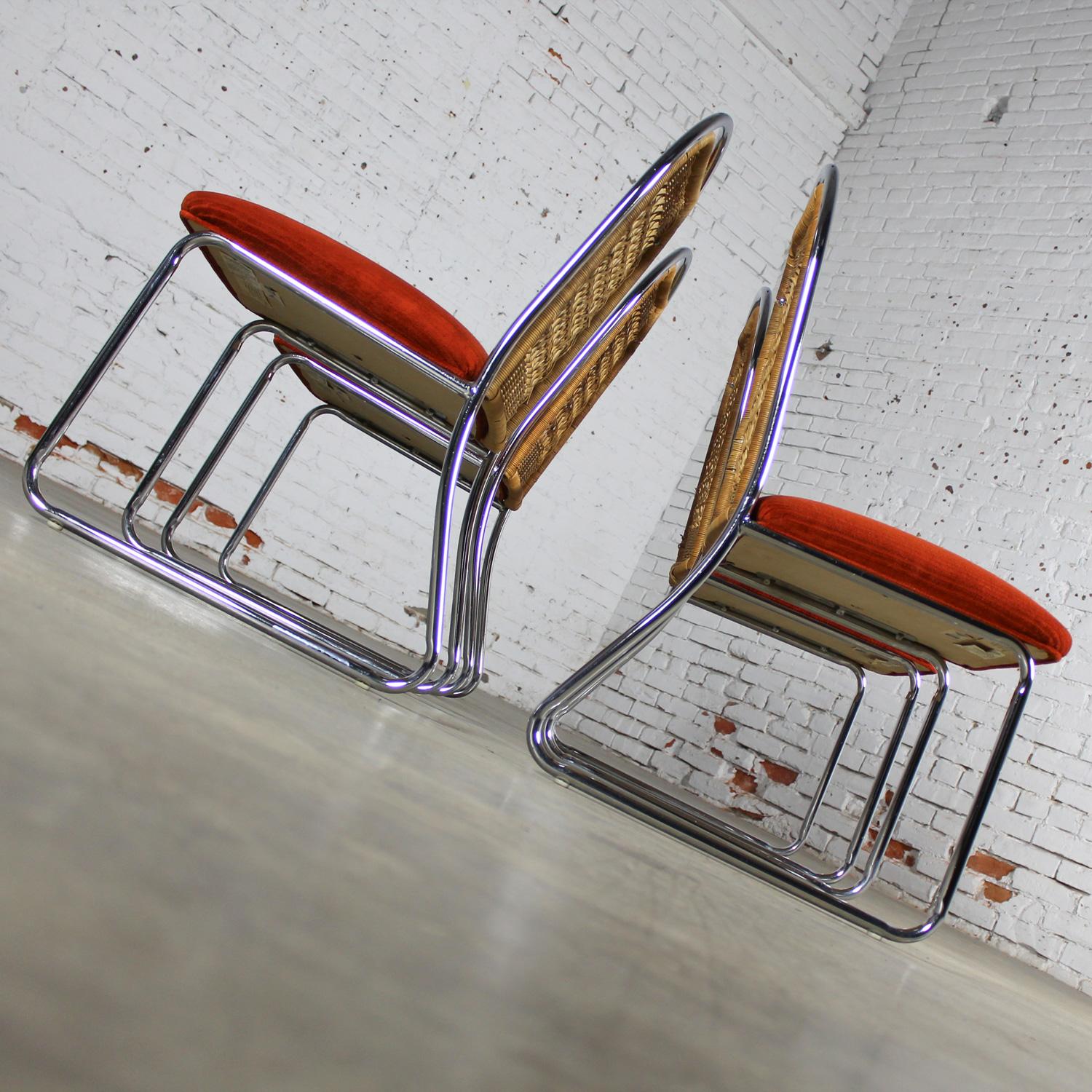 1980’s Modern Daystrom Dining Chairs Chrome Wicker & Orange Fabric Set of 4  4