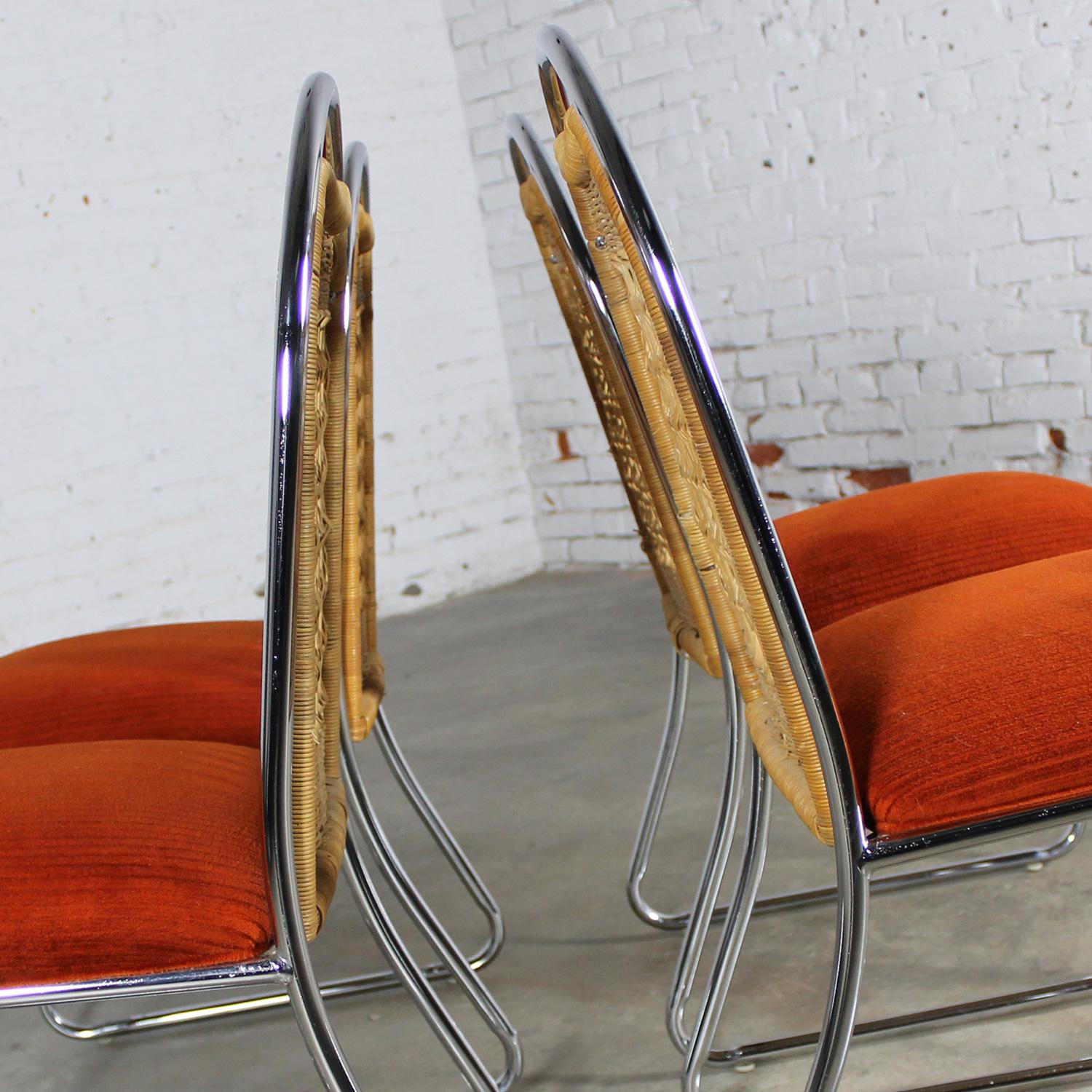 1980’s Modern Daystrom Dining Chairs Chrome Wicker & Orange Fabric Set of 4  5