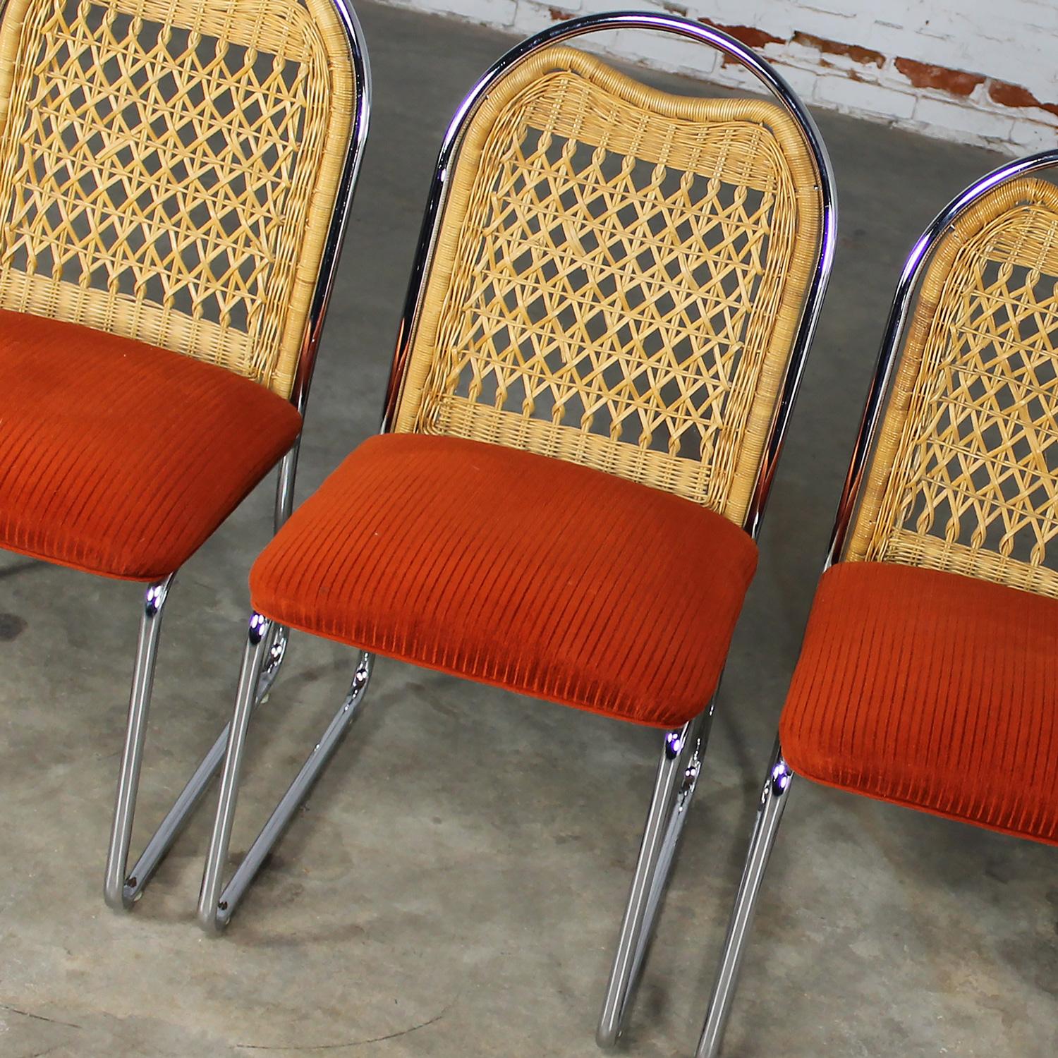 1980’s Modern Daystrom Dining Chairs Chrome Wicker & Orange Fabric Set of 4  6