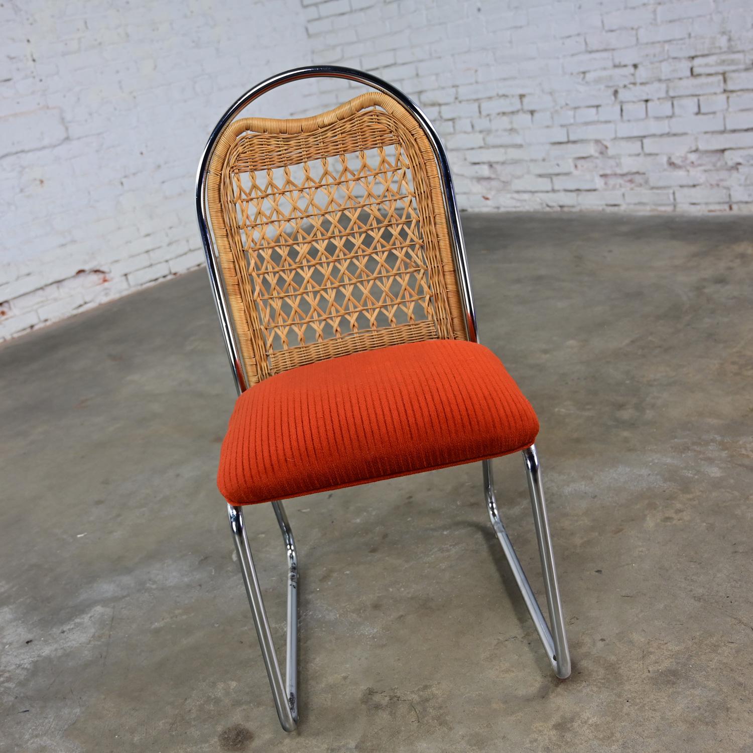 1980’s Modern Daystrom Dining Chairs Chrome Wicker & Orange Fabric Set of 4  7