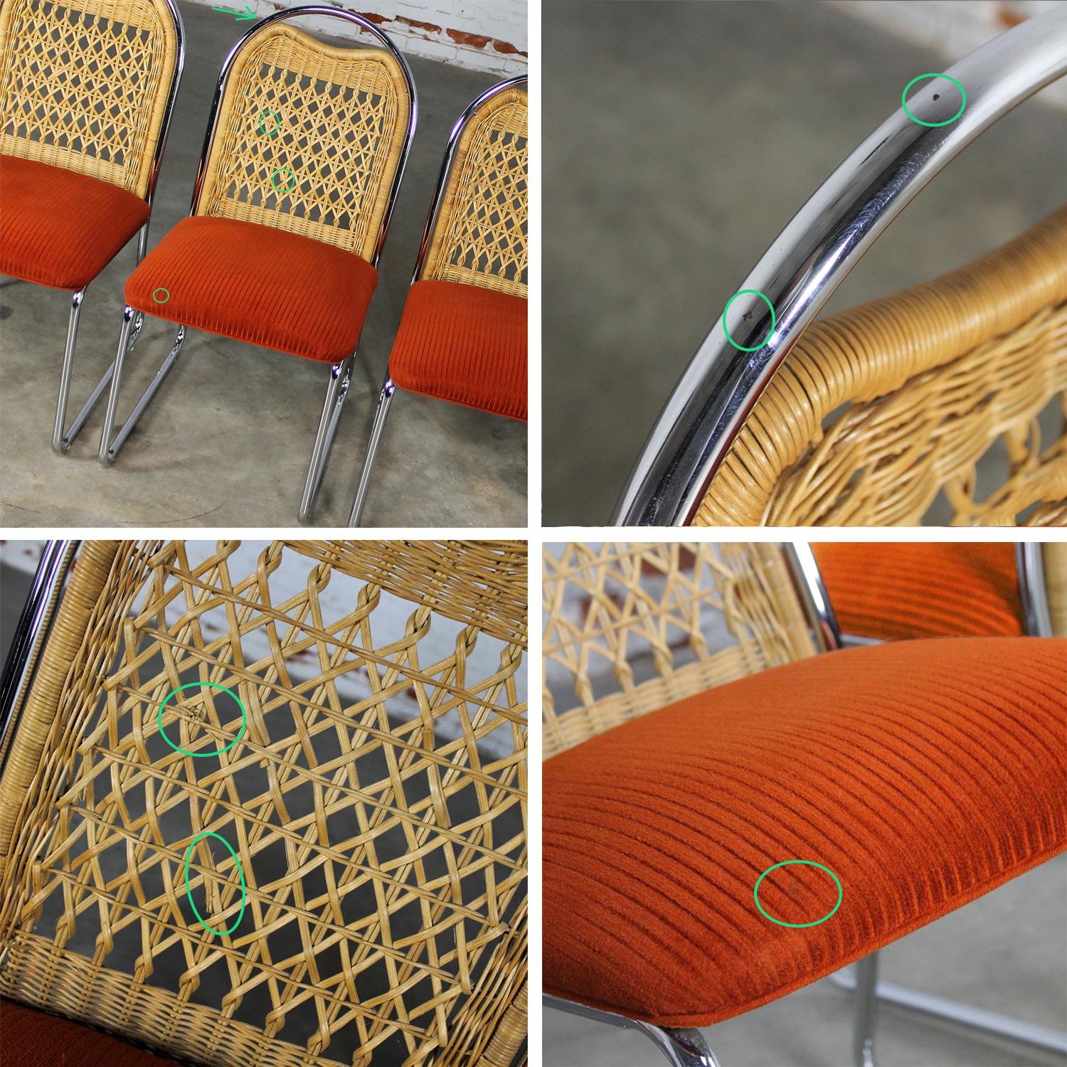 1980’s Modern Daystrom Dining Chairs Chrome Wicker & Orange Fabric Set of 4  11