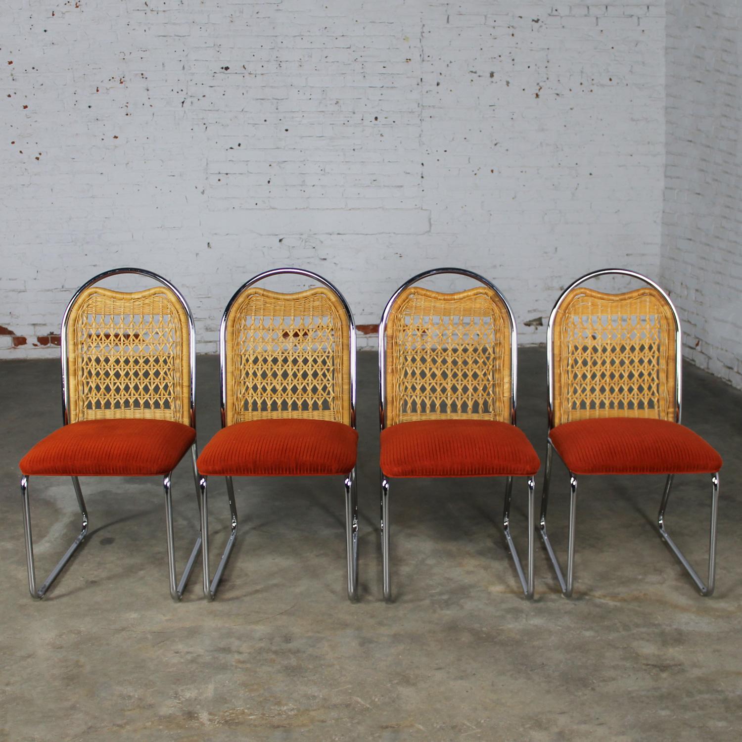 1980’s Modern Daystrom Dining Chairs Chrome Wicker & Orange Fabric Set of 4  13