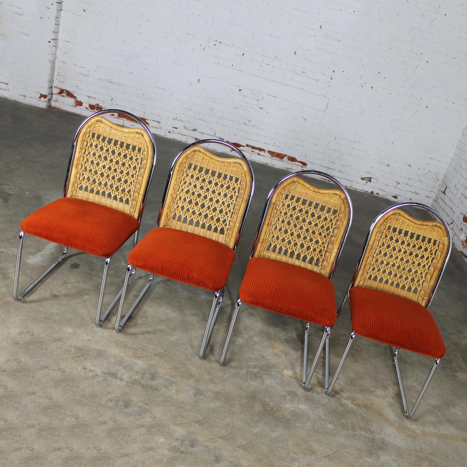 American 1980’s Modern Daystrom Dining Chairs Chrome Wicker & Orange Fabric Set of 4 