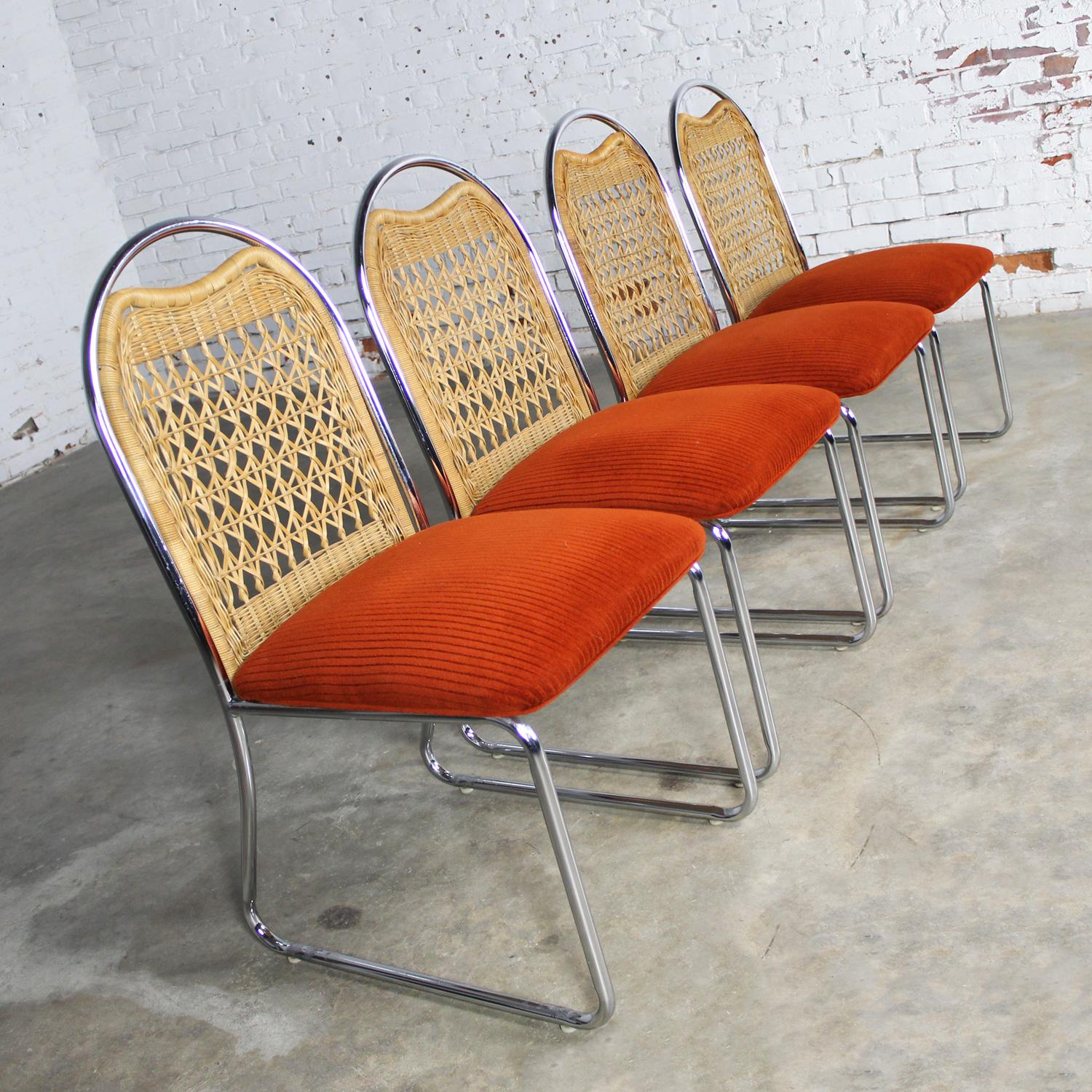 1980’s Modern Daystrom Dining Chairs Chrome Wicker & Orange Fabric Set of 4  In Good Condition In Topeka, KS