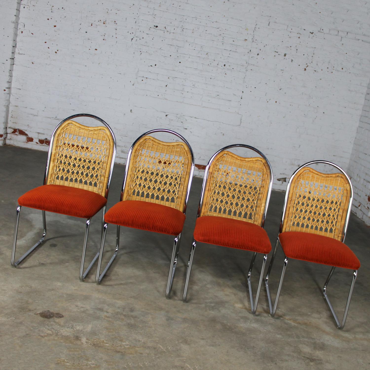 20th Century 1980’s Modern Daystrom Dining Chairs Chrome Wicker & Orange Fabric Set of 4 