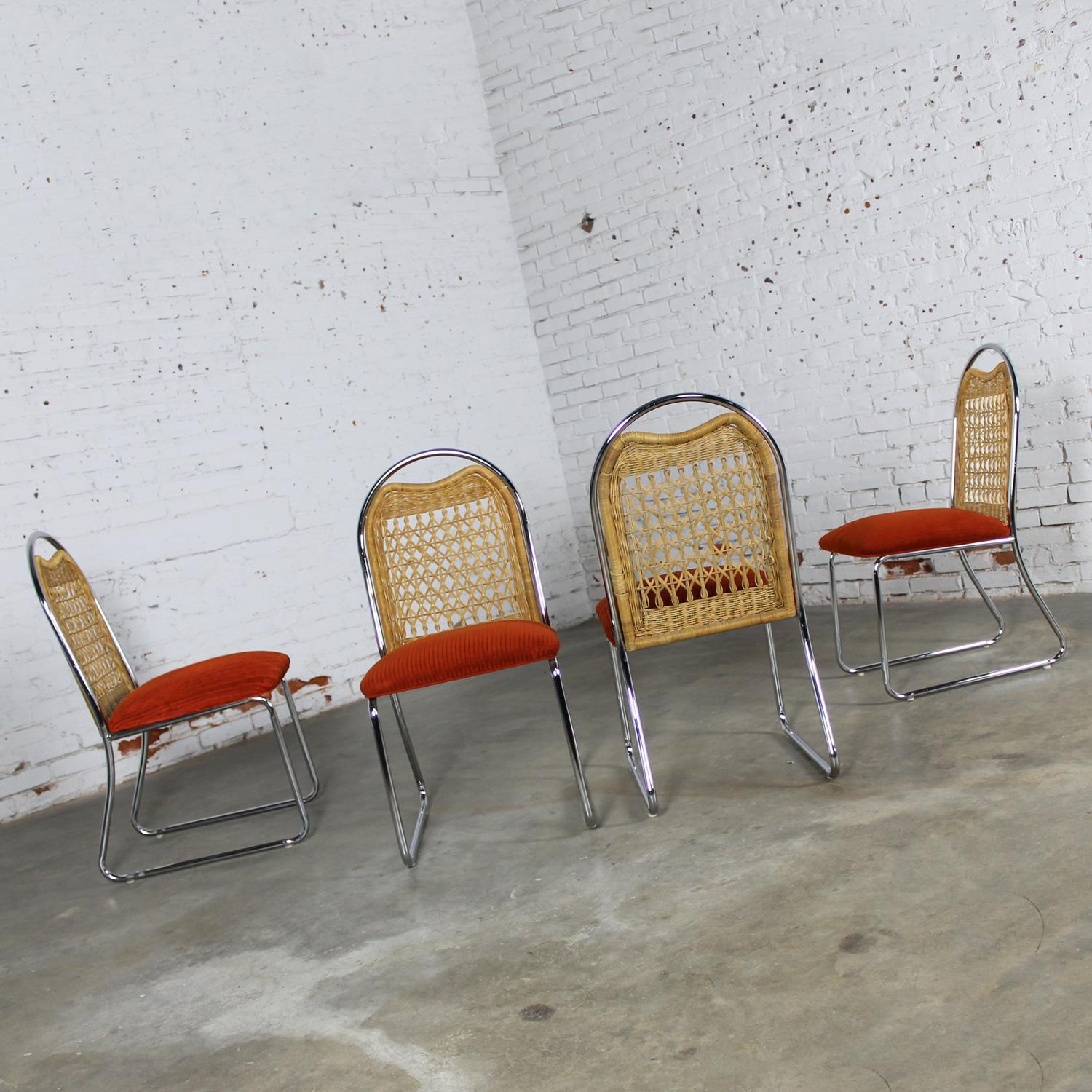 1980’s Modern Daystrom Dining Chairs Chrome Wicker & Orange Fabric Set of 4  1