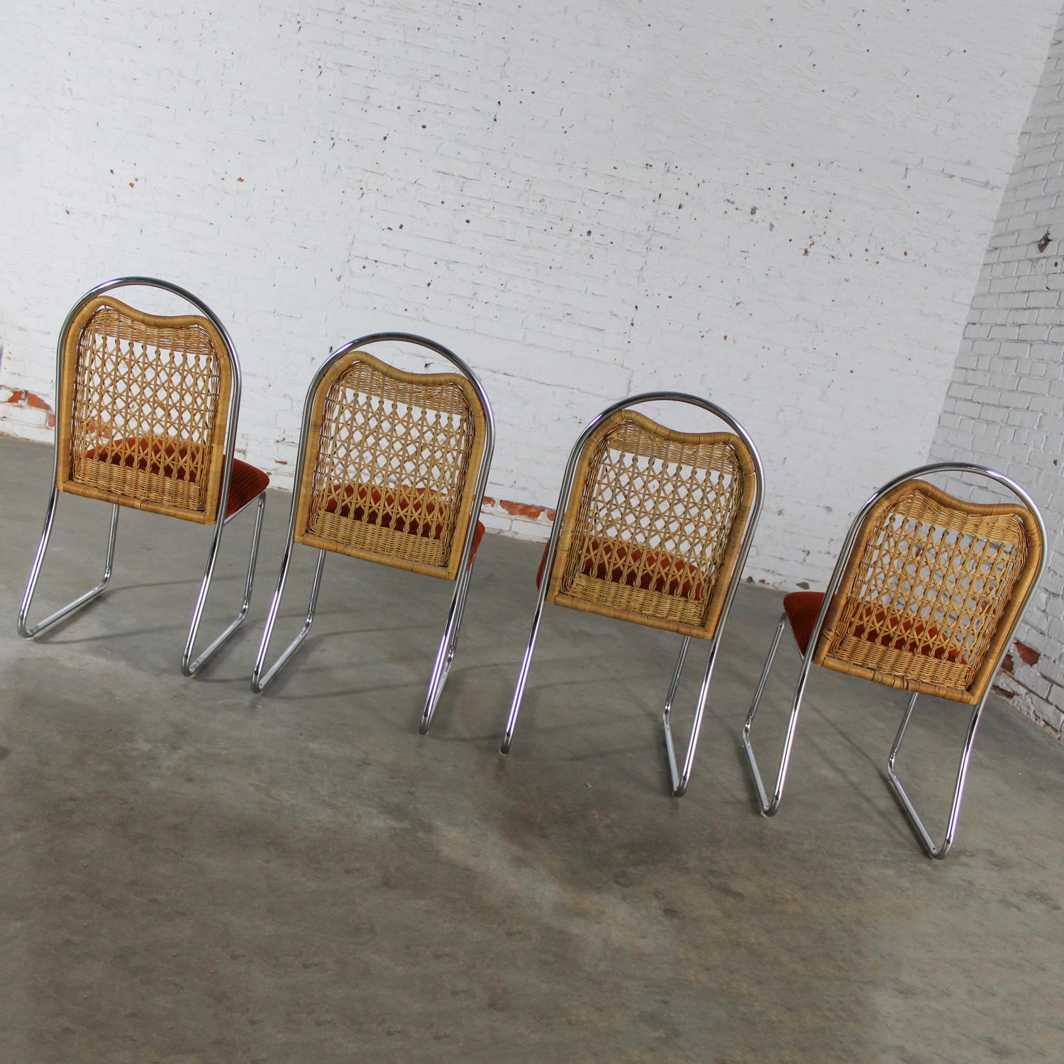 1980’s Modern Daystrom Dining Chairs Chrome Wicker & Orange Fabric Set of 4  2