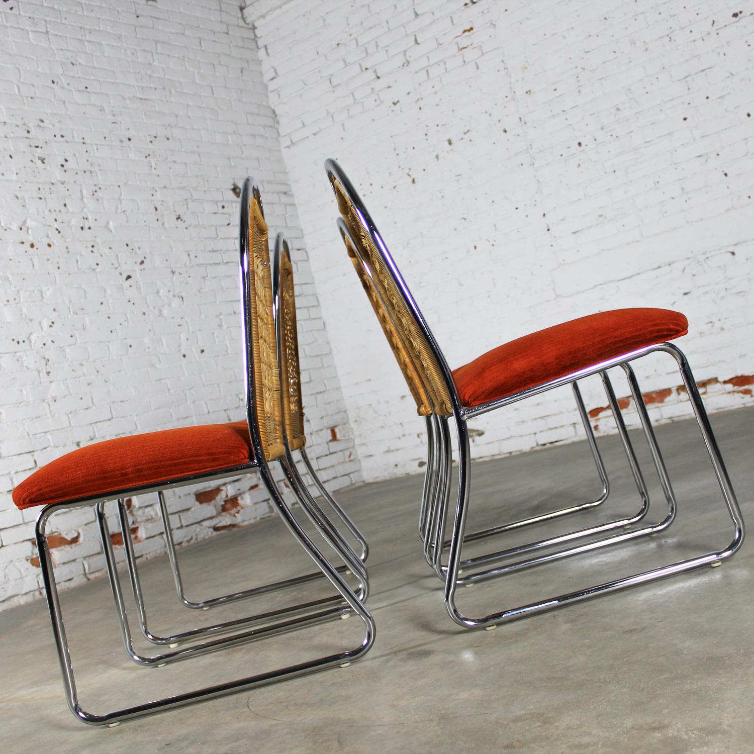 1980’s Modern Daystrom Dining Chairs Chrome Wicker & Orange Fabric Set of 4  3