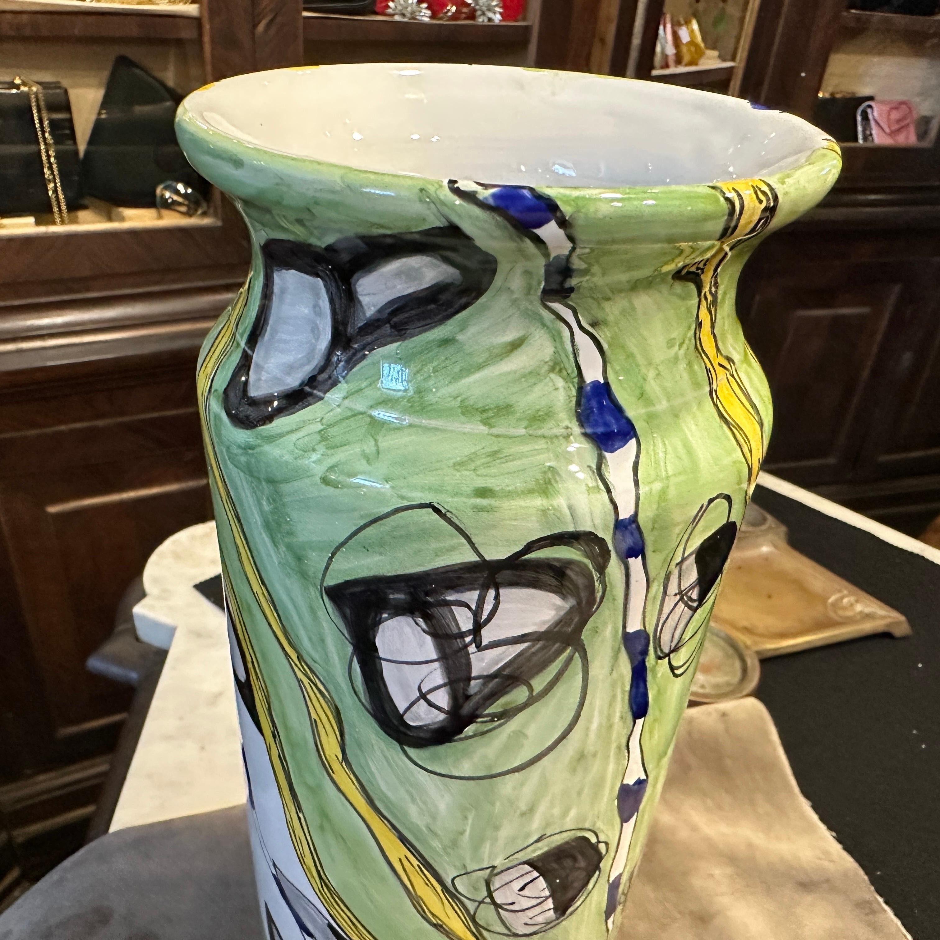 1980s Modern Hand-Painted Sicilian Ceramic Unique Vase by Fiumara D'Arte In Excellent Condition For Sale In Aci Castello, IT