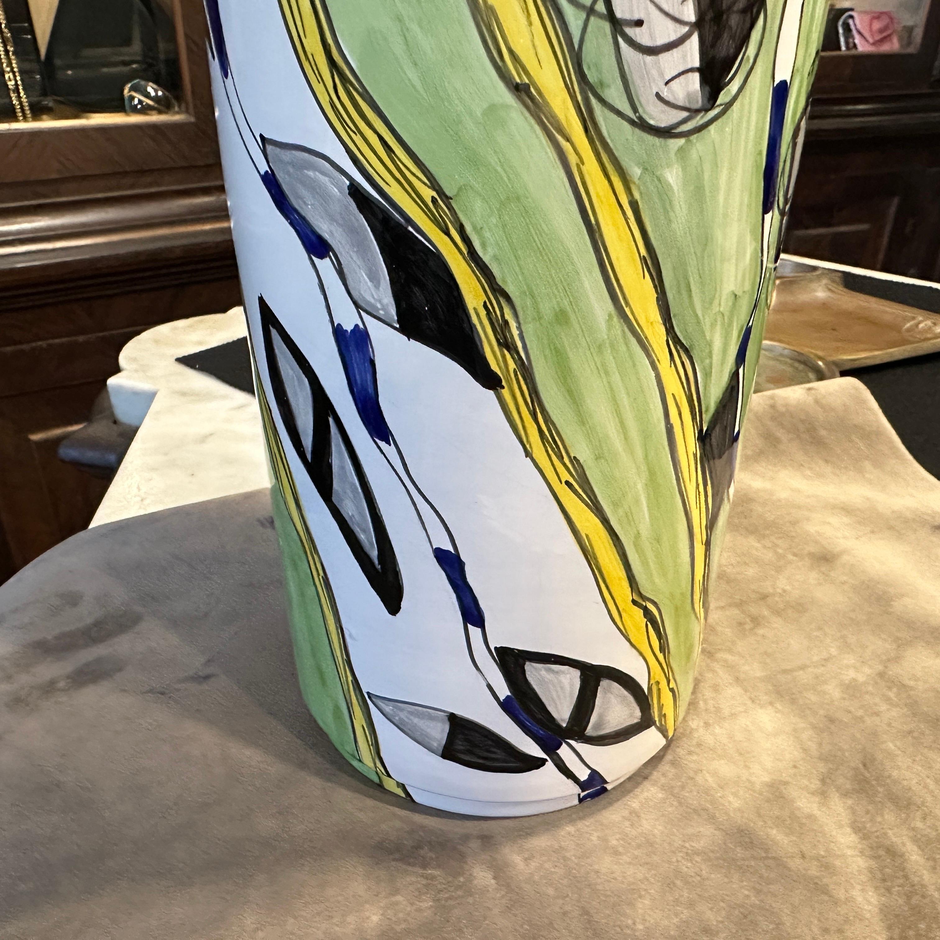 1980s Modern Hand-Painted Sicilian Ceramic Unique Vase by Fiumara D'Arte For Sale 1