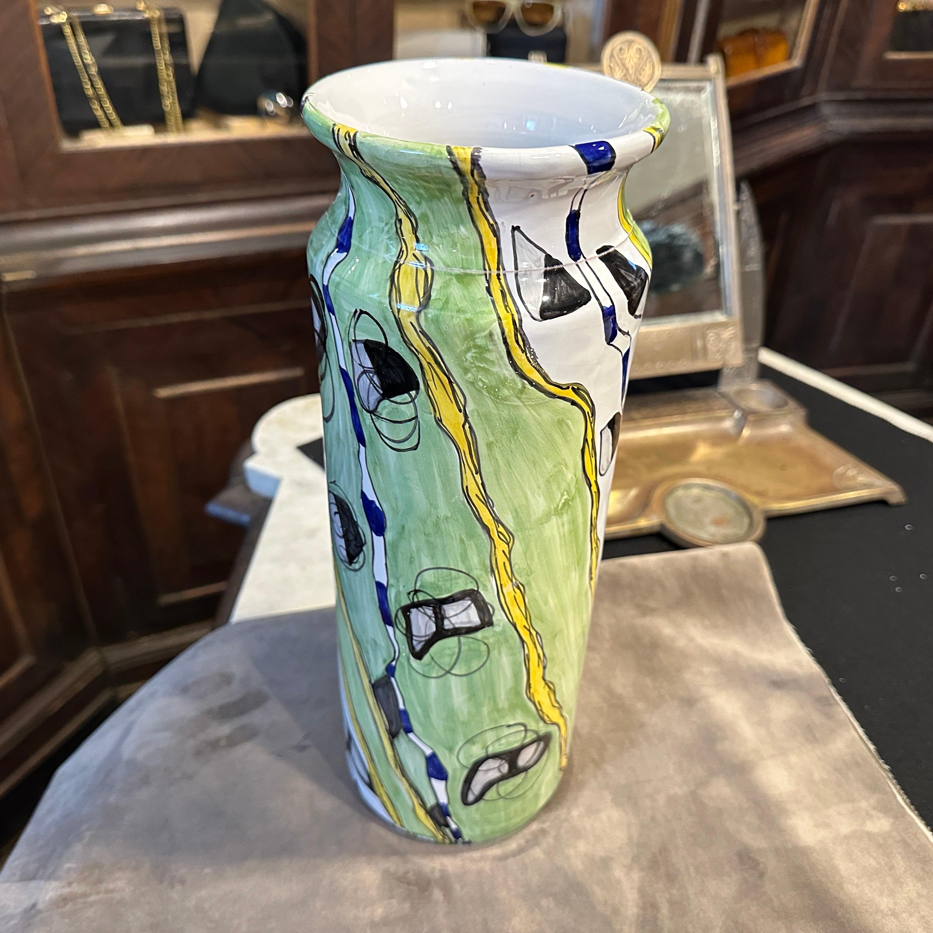 1980s Modern Hand-Painted Sicilian Ceramic Unique Vase by Fiumara D'Arte For Sale 2