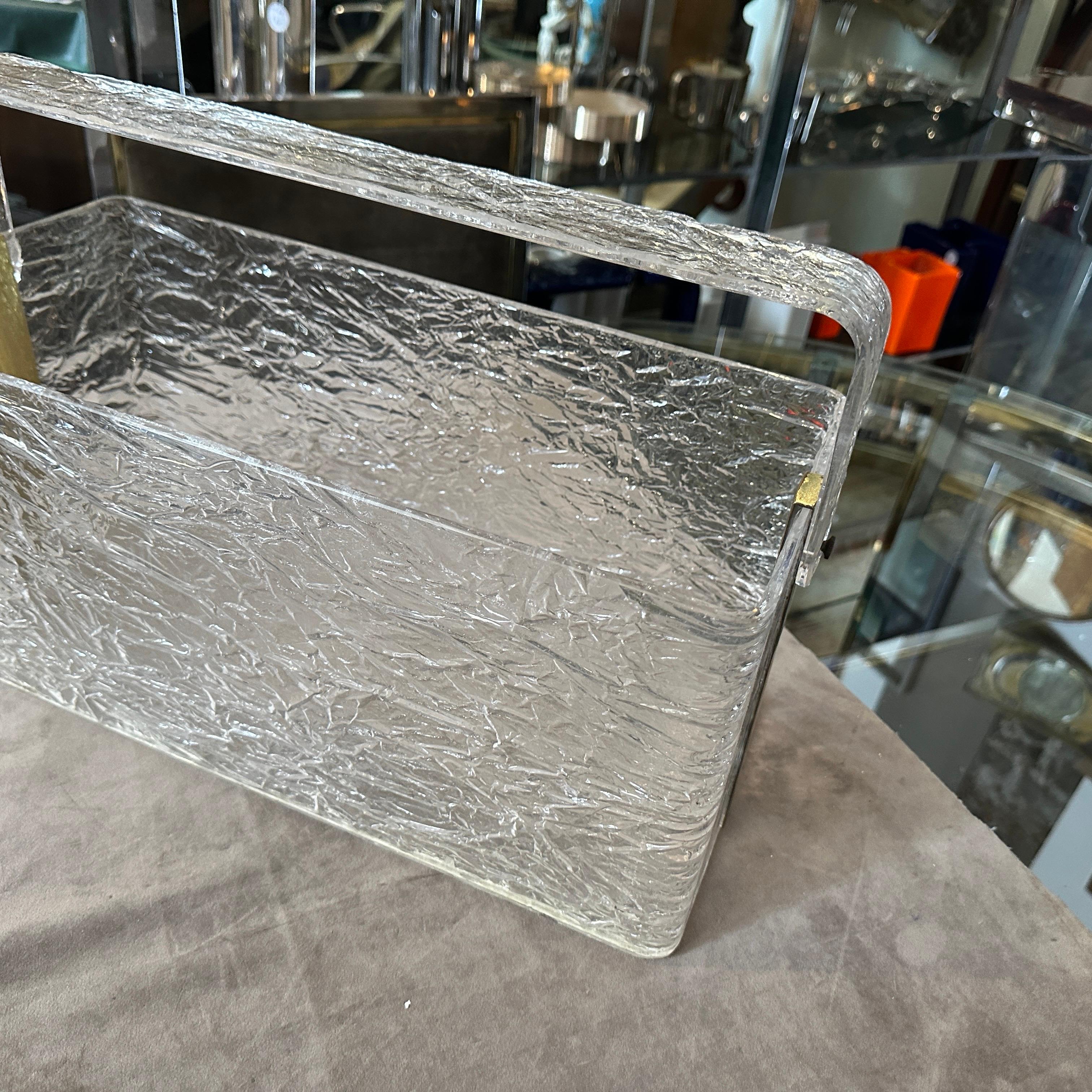 20th Century 1980s Modern Iced Lucite and Brass Italian Design Magazine Rack by Cavinato For Sale