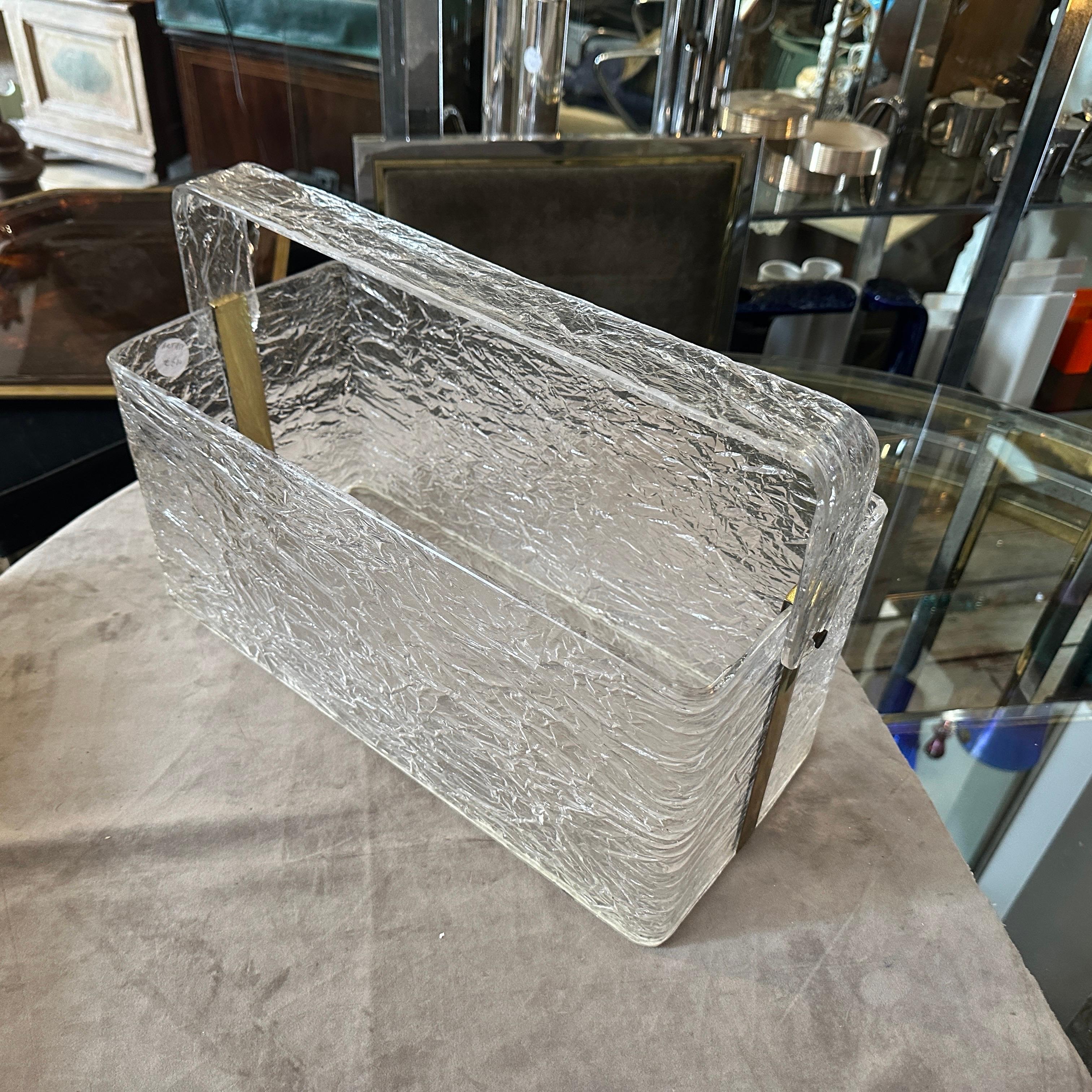 1980s Modern Iced Lucite and Brass Italian Design Magazine Rack by Cavinato For Sale 3