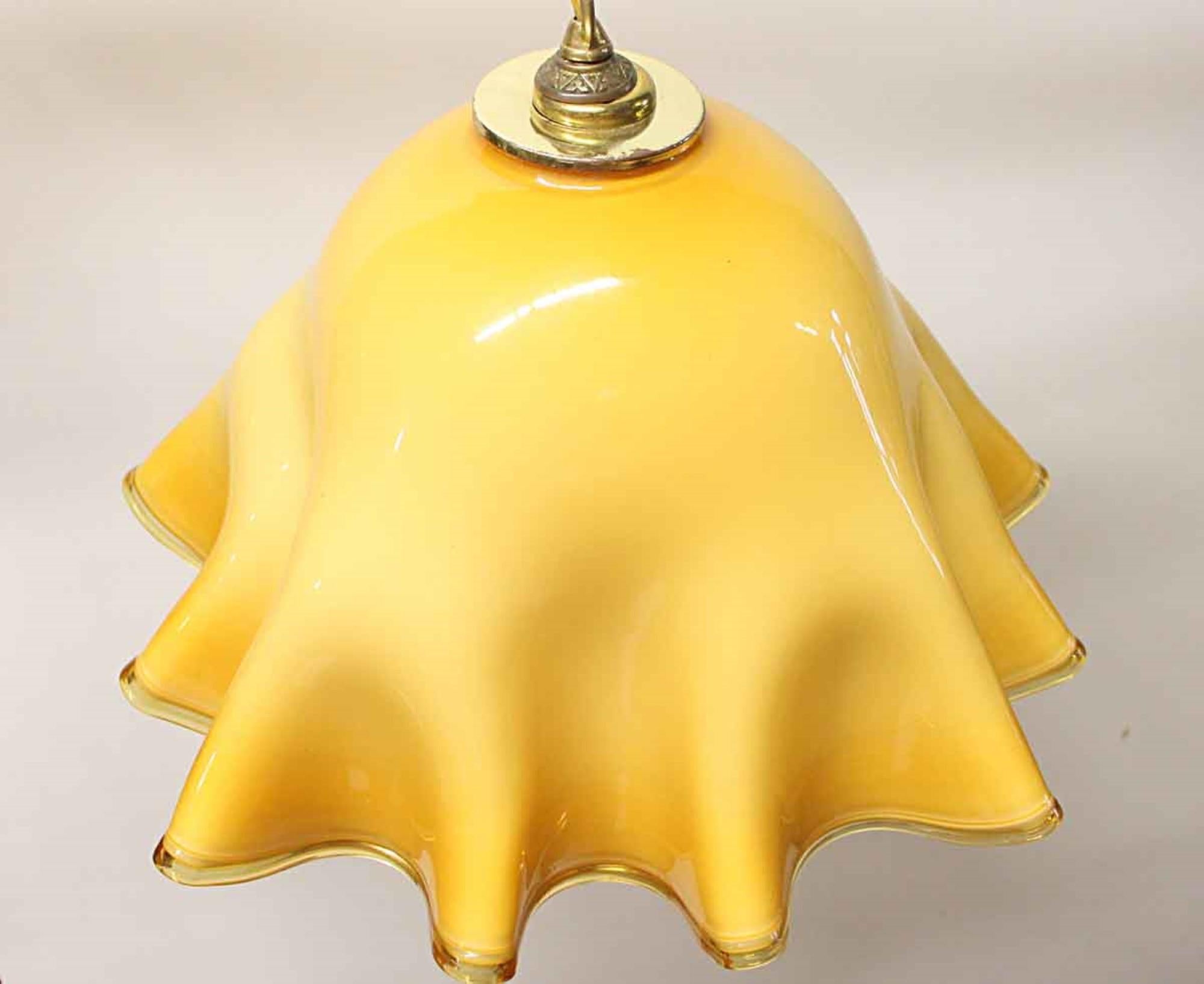 Italian 1980s Modern Murano Hand Ruffled Glass Pendant Light in a Yellow Color