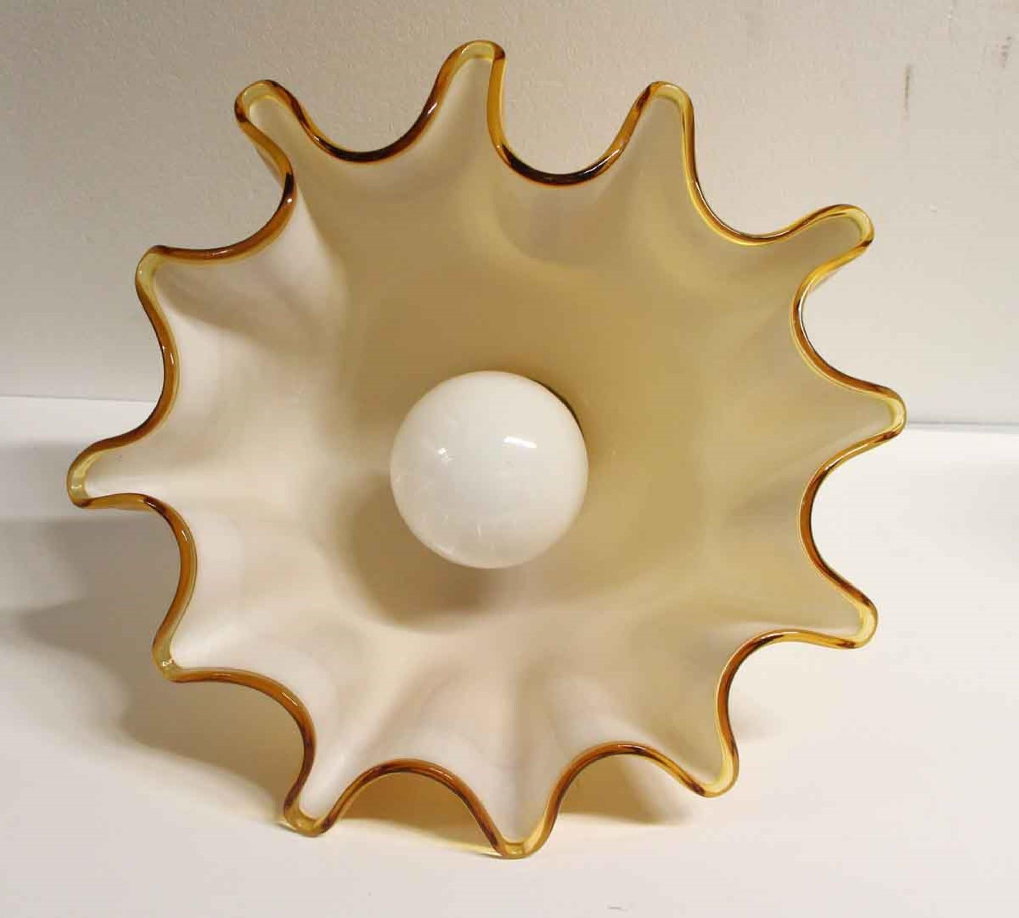 Brass 1980s Modern Murano Hand Ruffled Glass Pendant Light in a Yellow Color