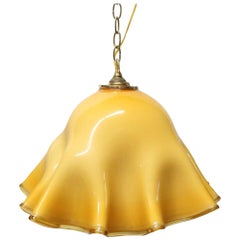 1980s Modern Murano Hand Ruffled Glass Pendant Light in a Yellow Color