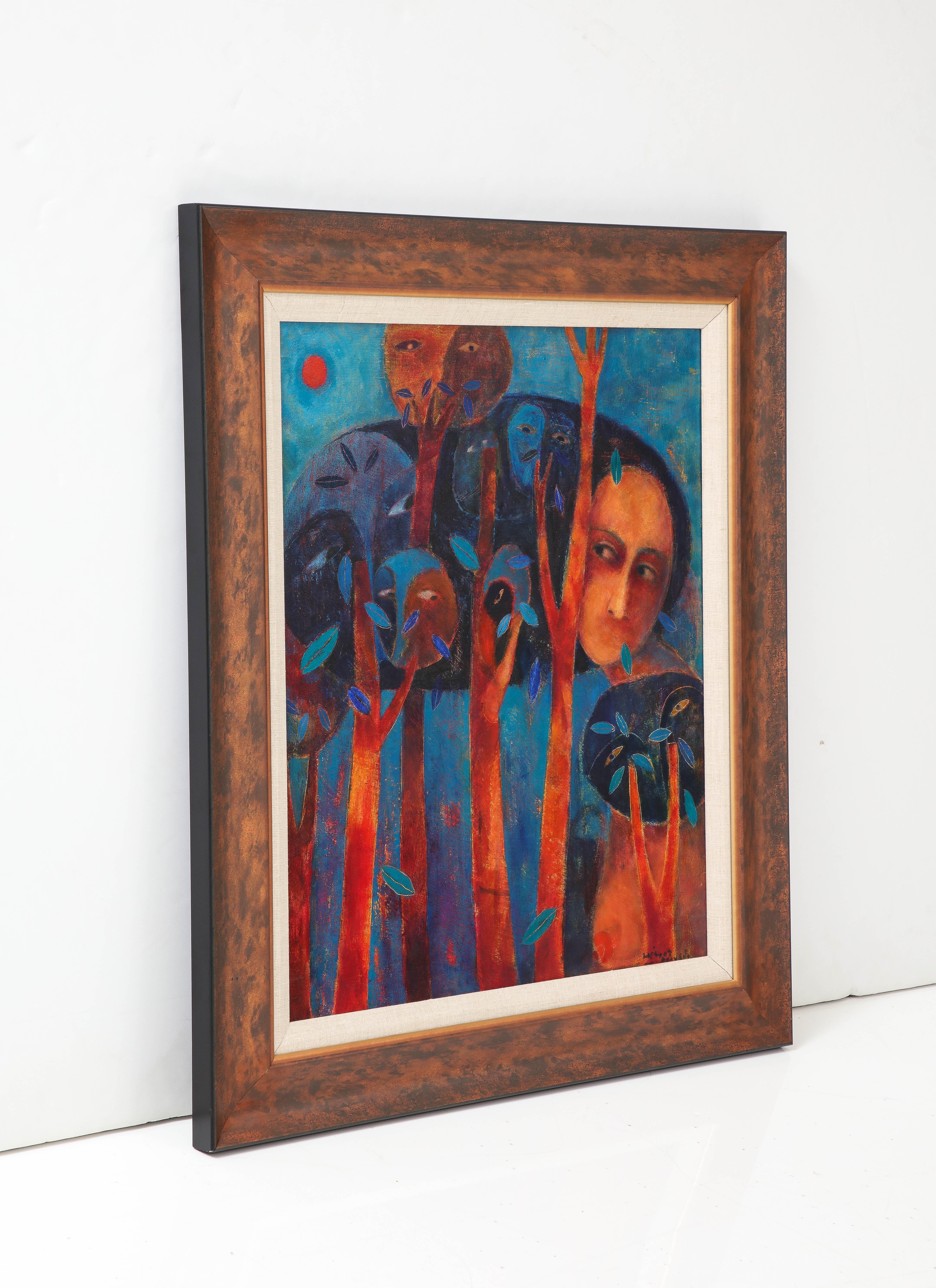 Beautiful modern oil on canvas Peruvian modern 1980's artwork in vintage original condition with minor wear and patina due to age and use.

Artwork without the frame: width 21'' height 25.5'' 