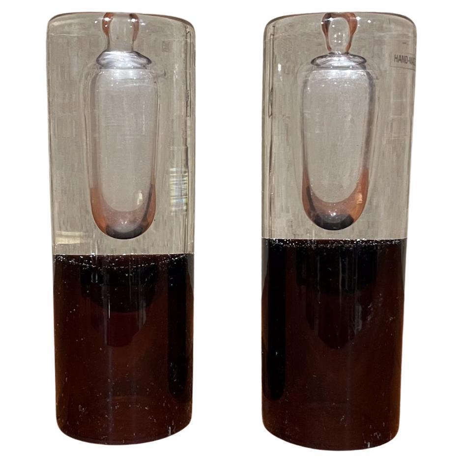 1980s Modern Pair Art Glass Vases Controlled Bubble Poland For Sale