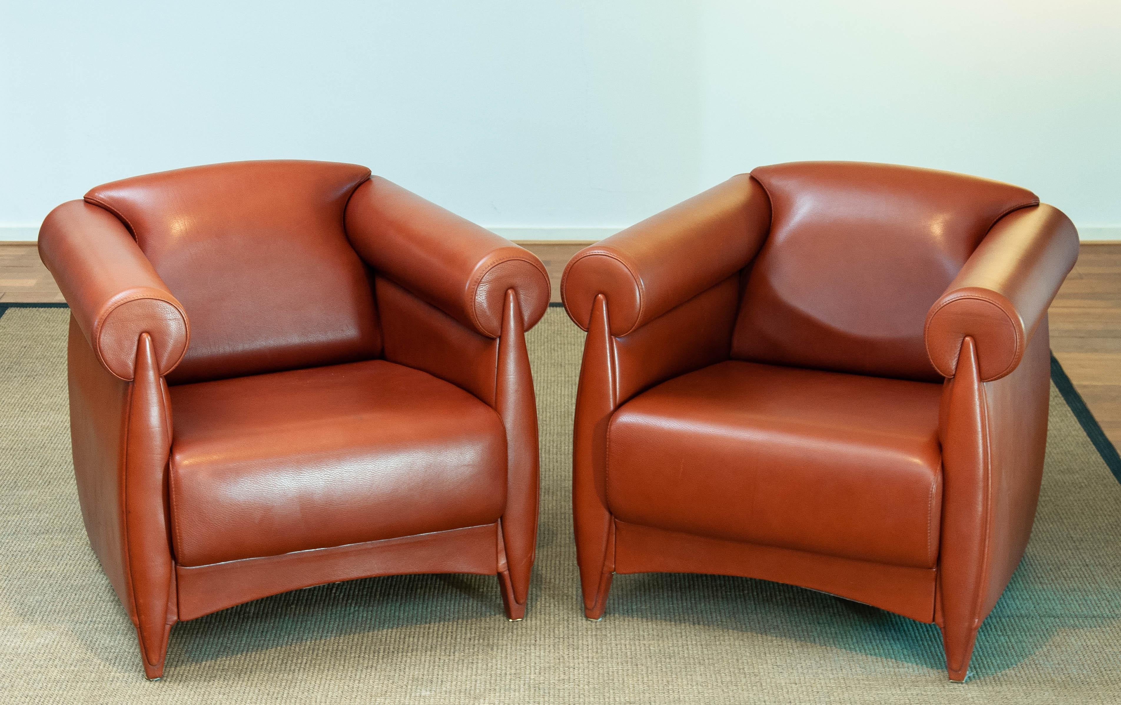 1980s Modern Pair Lounge / Club Chairs In Cognac Leather By Klaus Wettergren For Sale 6