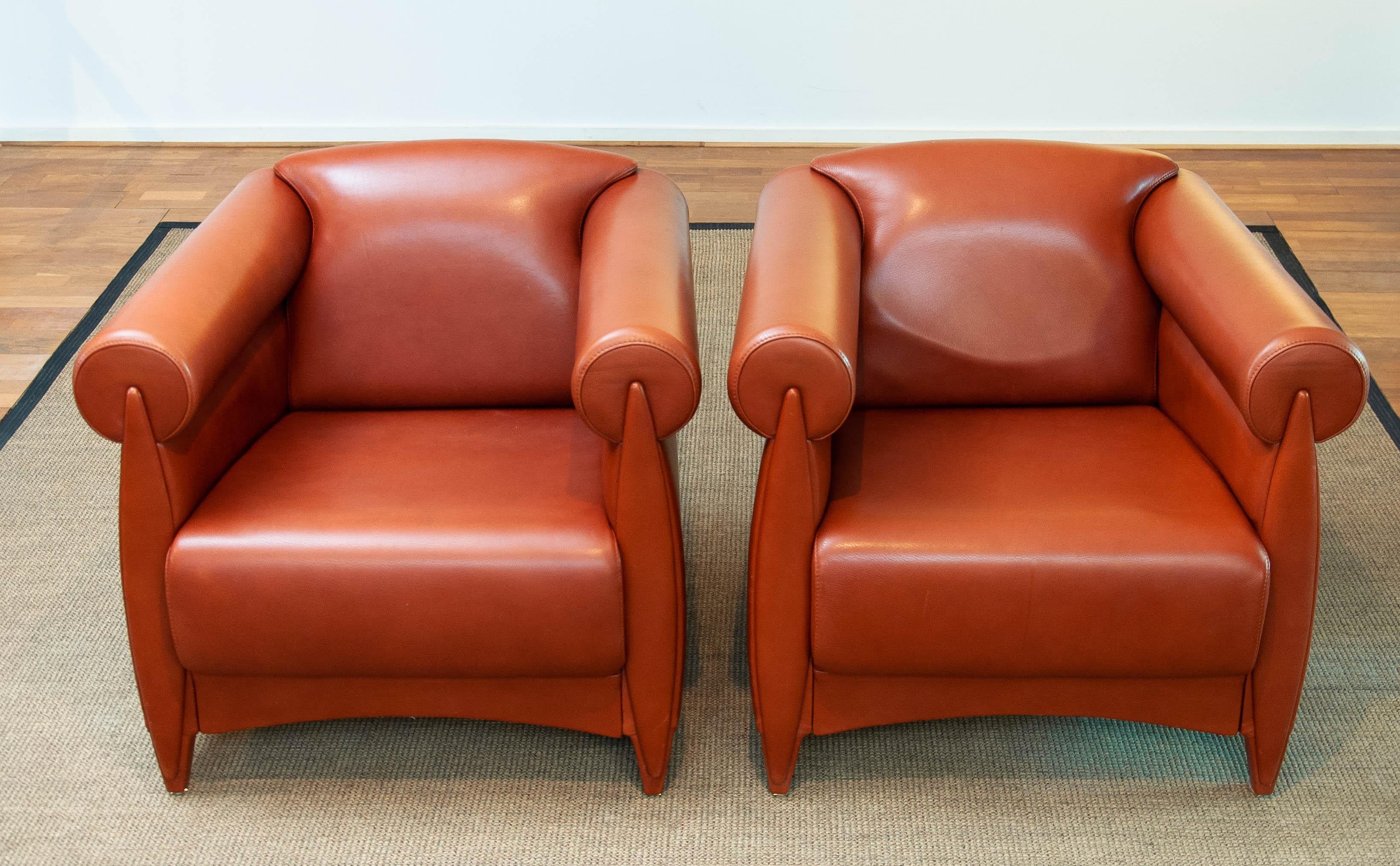 Very exclusive and rare pair lounge chairs / club chairs by the Danish designer Klaus Wettergren in limited quantity and only on special request build by selective orders.
The pair is build in a very high standard and only the best materials are