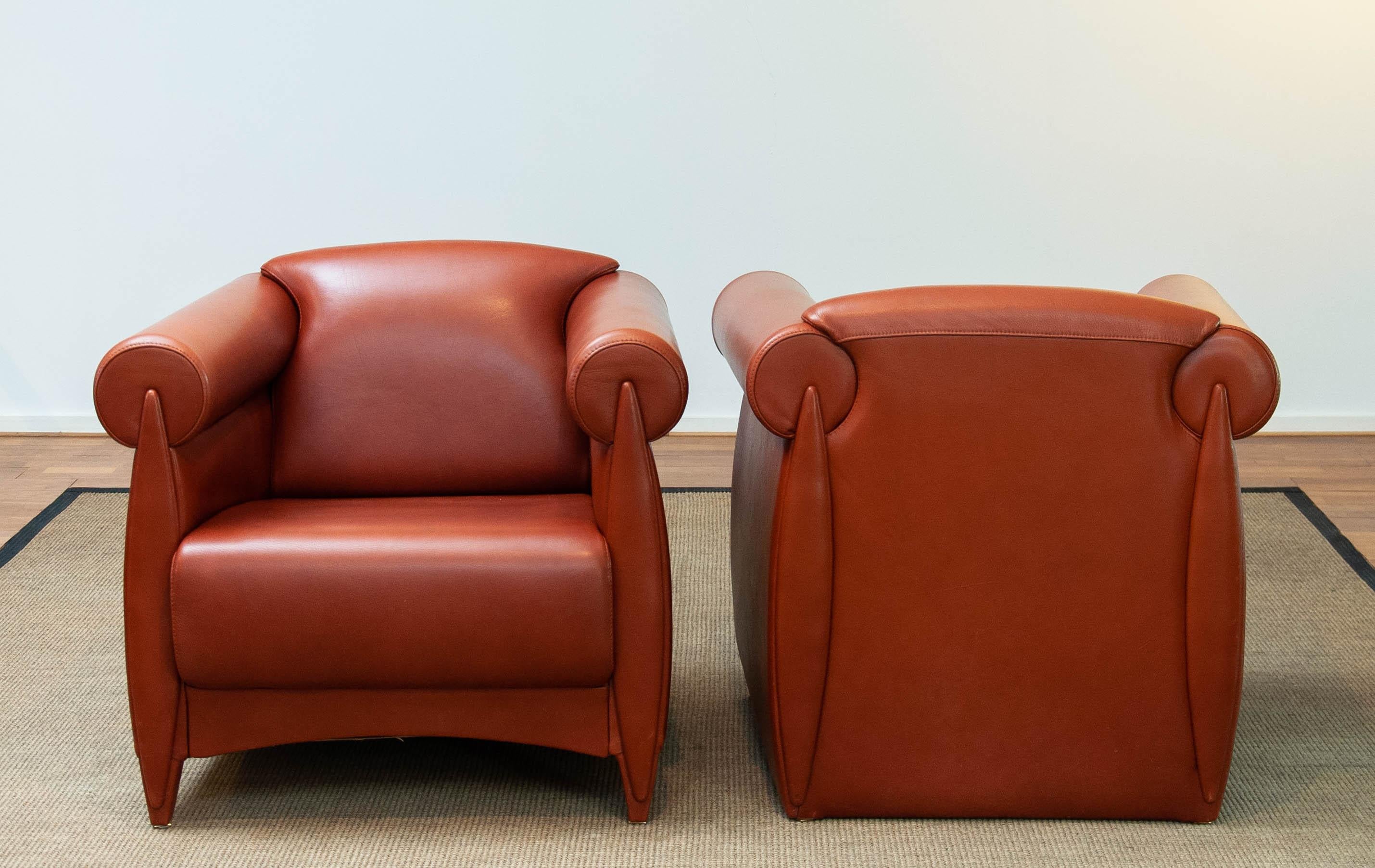 Danish 1980s Modern Pair Lounge / Club Chairs In Cognac Leather By Klaus Wettergren For Sale
