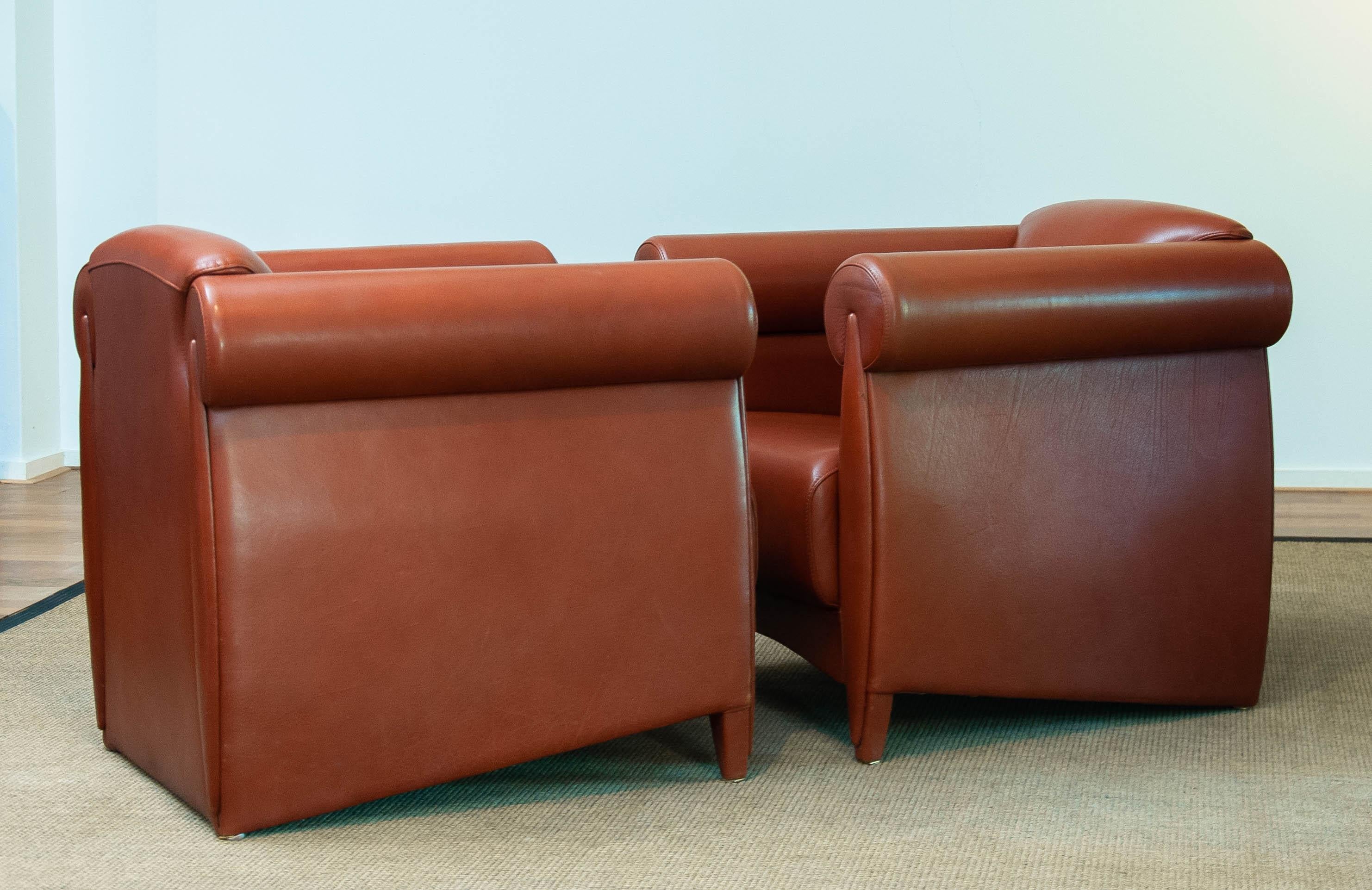 1980s Modern Pair Lounge / Club Chairs In Cognac Leather By Klaus Wettergren In Good Condition For Sale In Silvolde, Gelderland